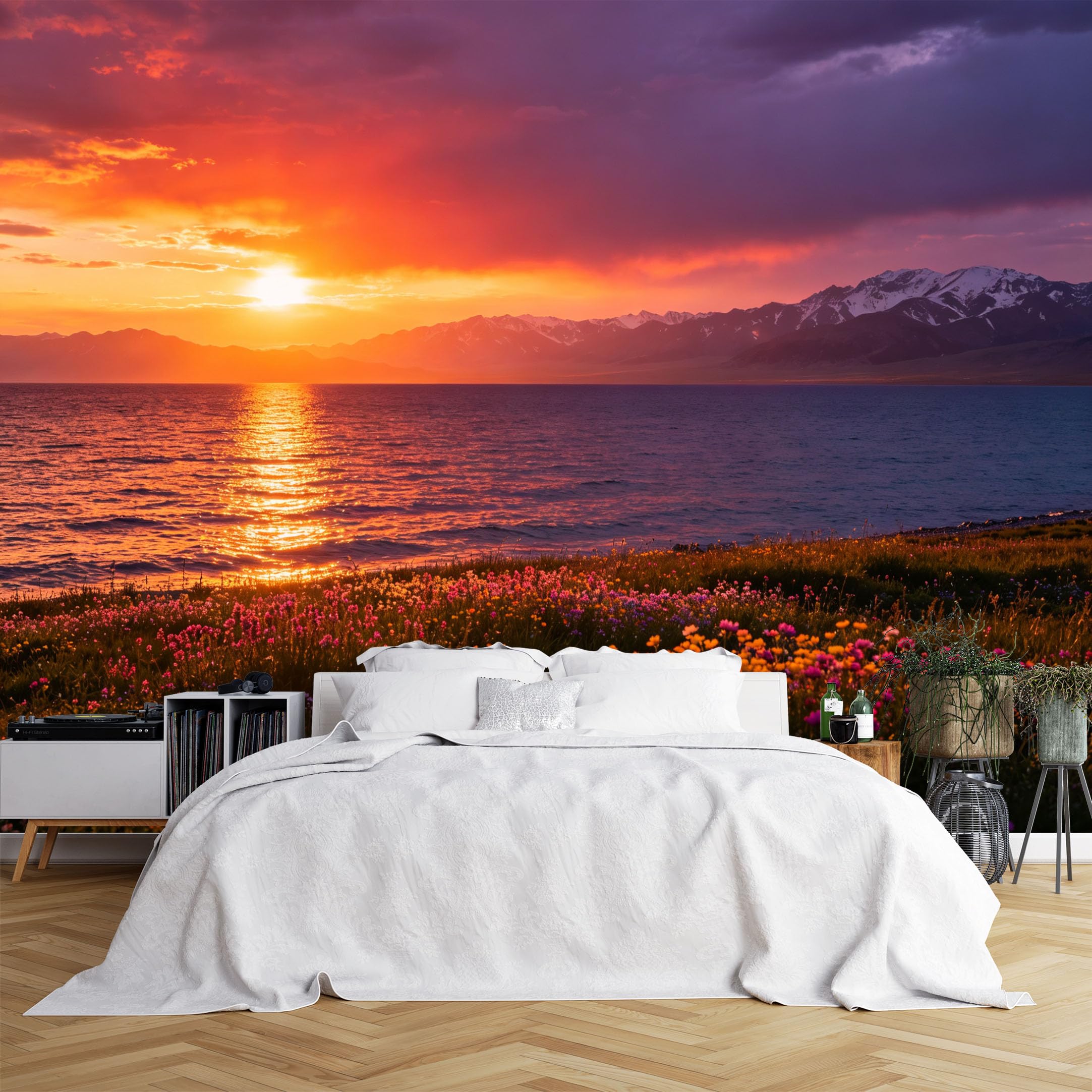 Custom Size Wall Murals Lake Sunset with Wildflowers and Snow Mountains Wall Murals Natural Scenery Wallpaper, Wall Covering Fabric Self-Adhesive Removable Wallpaper for Bedroom