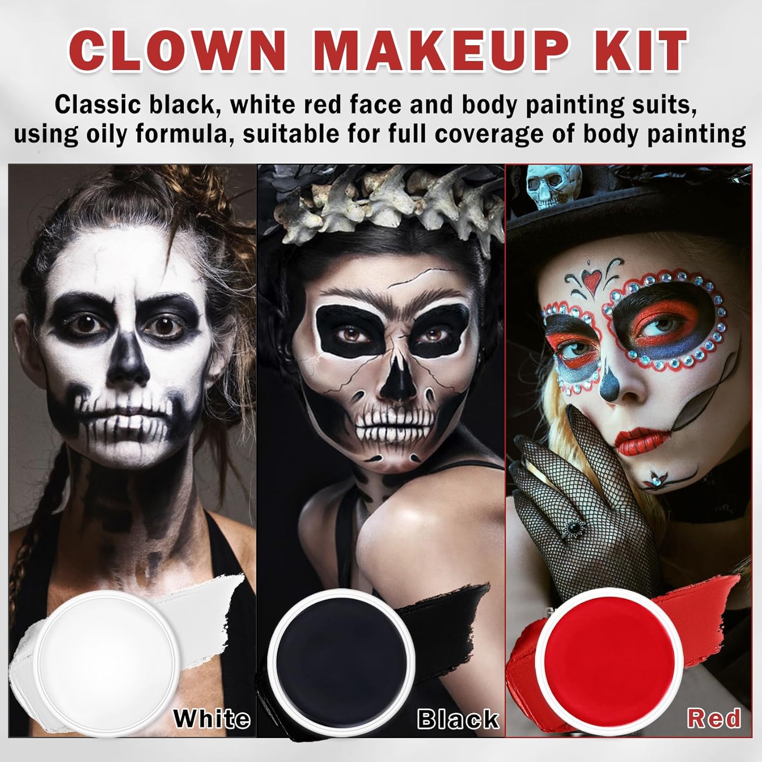 Clown Makeup Kit,Red Black and White Face Painting Kit Professional,Clown Face Paint Halloween Makeup with Brushes,Oil Based Body Paint for Adults,Joker Vampire Zombie - Image 2