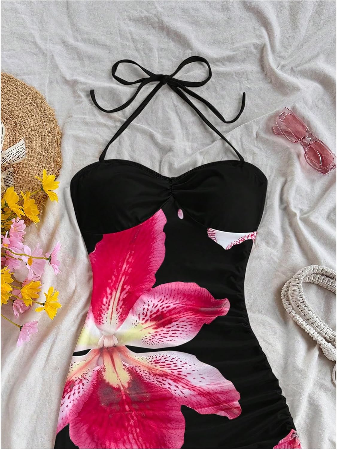 Milumia Women's Floral Halter Mini Dress Tie Backless Drawstring Asymmetrical Hem Short Dresses Black X-Large - Image 4