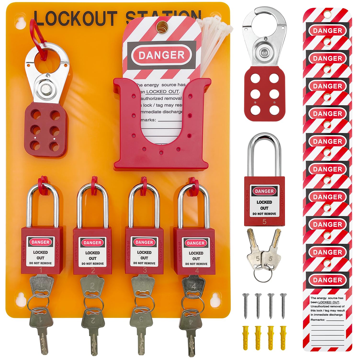 SAFBY Lockout Tagout Station Metal Kit with Lock Out Tag Out Loto 2 Hasps, 20 Tags, 20 Nylon Cable, 5 Locks with Number 1-5 (Orange Lockout Station)