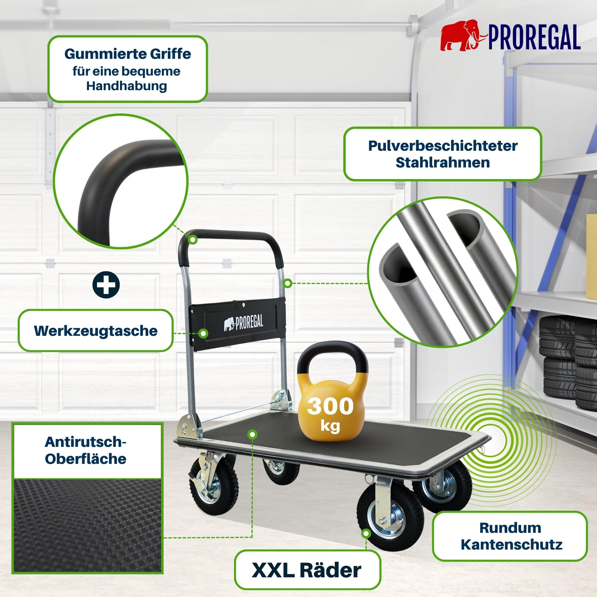 PROREGAL Chariot à Plateforme Professionnel BIG Rhino 300 kg Pliable avec pneus pneumatiques, roulettes pivotantes à 360° et roulettes Fixes avec Frein de stationnement