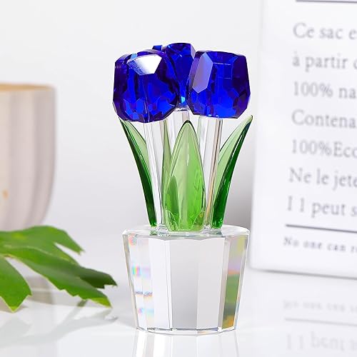 Miniatura 4 de Qianwei Figura de flores de tulipanes de cristal azul con jarrón  Ramo de flores de cristal, figuras coleccionables, decoración de cristal para