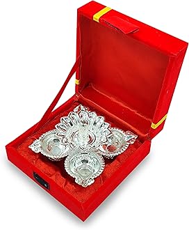 German Silver Diya Oil Lamp with Red Velvet Box Silver Plated Panchmukhi Dia Pooja Items Home Decoration Puja Gifts Handmade Diwali Gift Traditional Indian Dhanteras Deepawali Upahaar