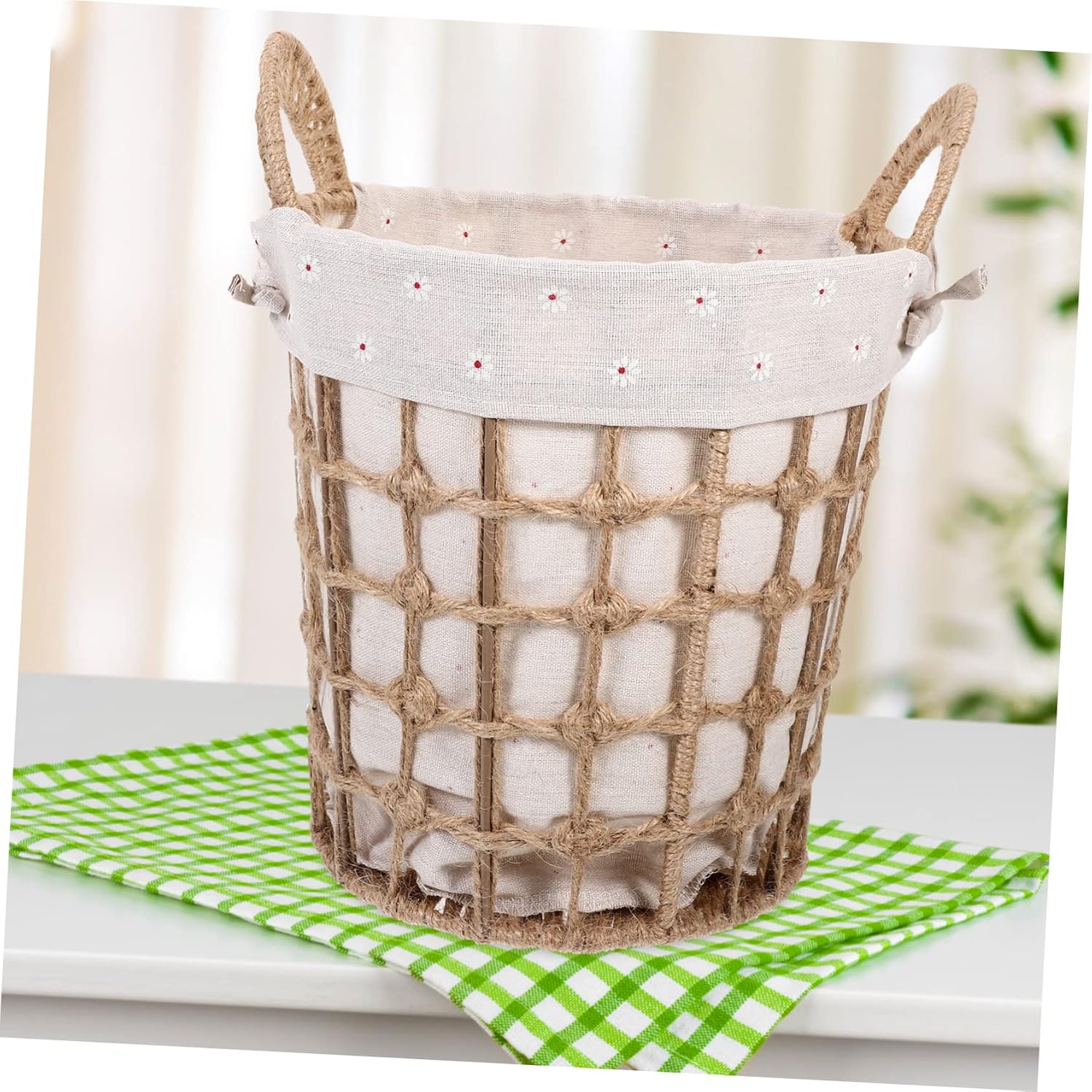 Hand Woven Storage Basket with Liner Rustic Round Organizer Small Size Natural Jute Rope Decorative Home Storage for Sundries for Bedroom Nursery or Office