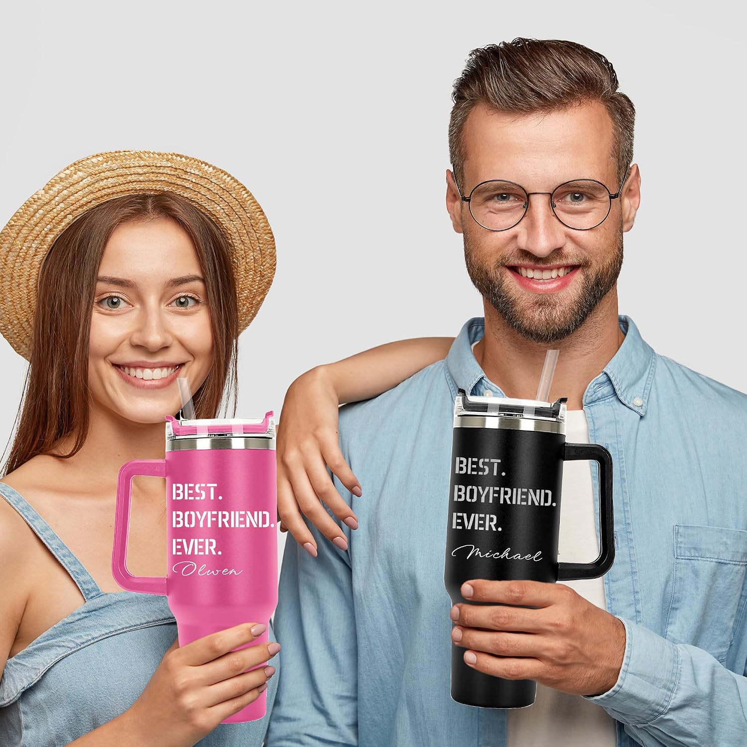 Best Boyfriend Ever Personalized Tumbler 40 oz Laser Engraved, Insulated Cup with Handle, Lid and Straw, Gifts from Girlfriend, Men, Husband, Gift for Valentine's Day, Anniversary, Birthday