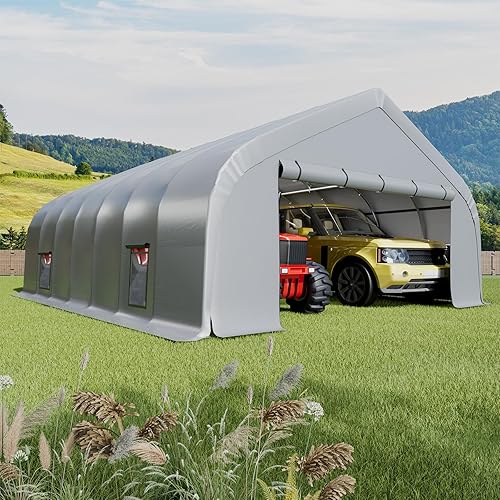 EROMMY 20x30 FT Heavy Duty Durable Carport, Silver Gray, Galvanized Steel Frame Garage Shelter and Outdoor Storage, Waterproof 3-Layer PE Cover, Fits 2 Cars, Boat, Farm Equipment