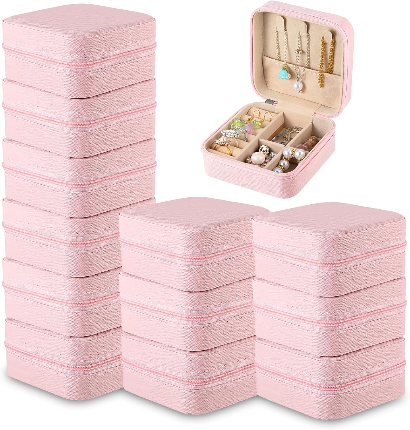 SHENLIU 12 Pack Mini Pink Travel Jewelry Case Bridesmaid Proposal Gift Boxes, 3.74 x 3.74 x 1.81 inches Small Leather Portable Jewelry Earring Organizer for Women Girls Travel Accessories