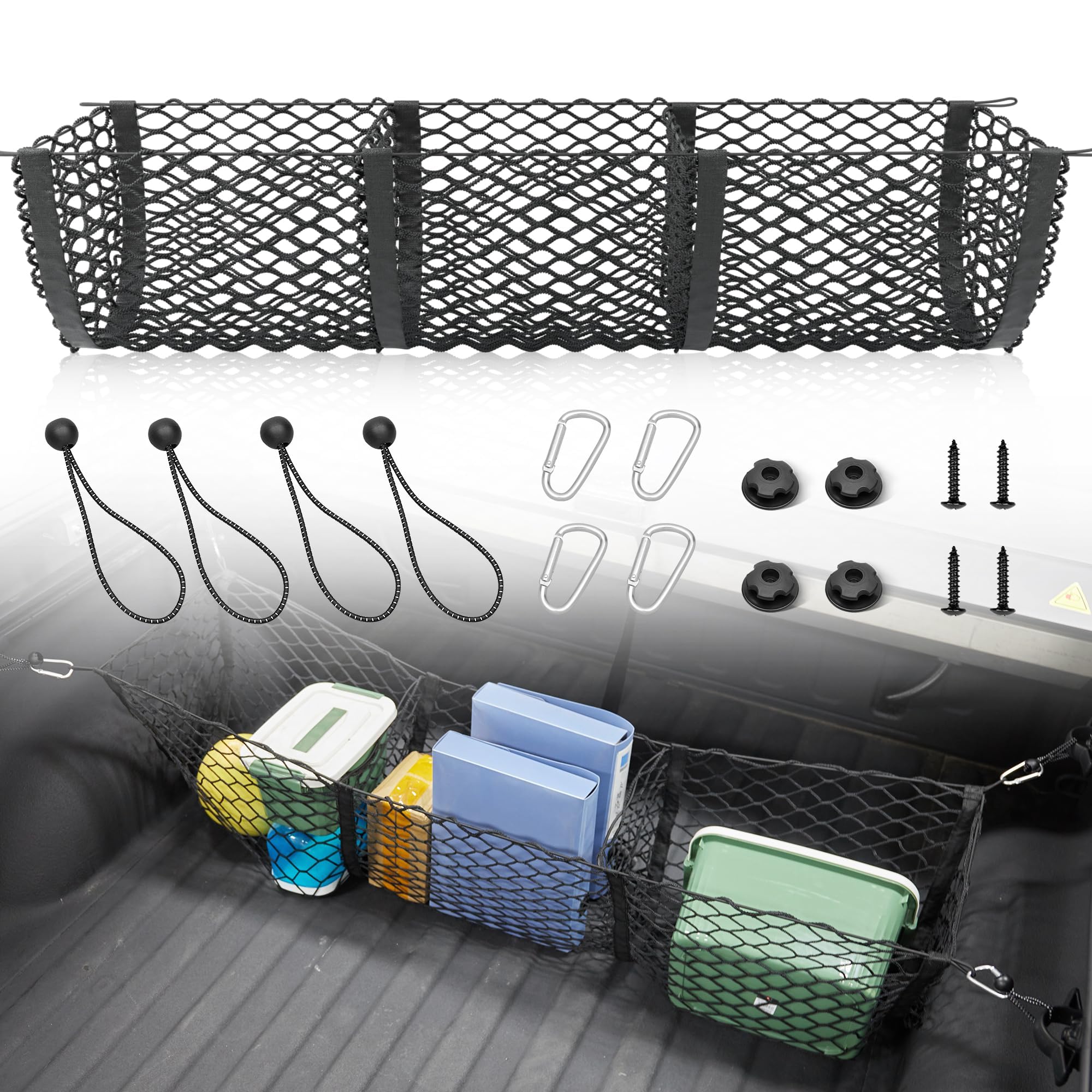 RED WOLF 3 Pocket Truck Bed Cargo Net for Toyota Ford Dodge GMC Chevy Silverado, Universal Pickup Mesh Storage Net 47.2" x 11.8" Stretchable Elastic
