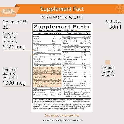 Miniatura 2 de Buried Treasure VM100 Daily Multi - 32 porciones, vitaminas líquidas minerales suplemento con dosis taza