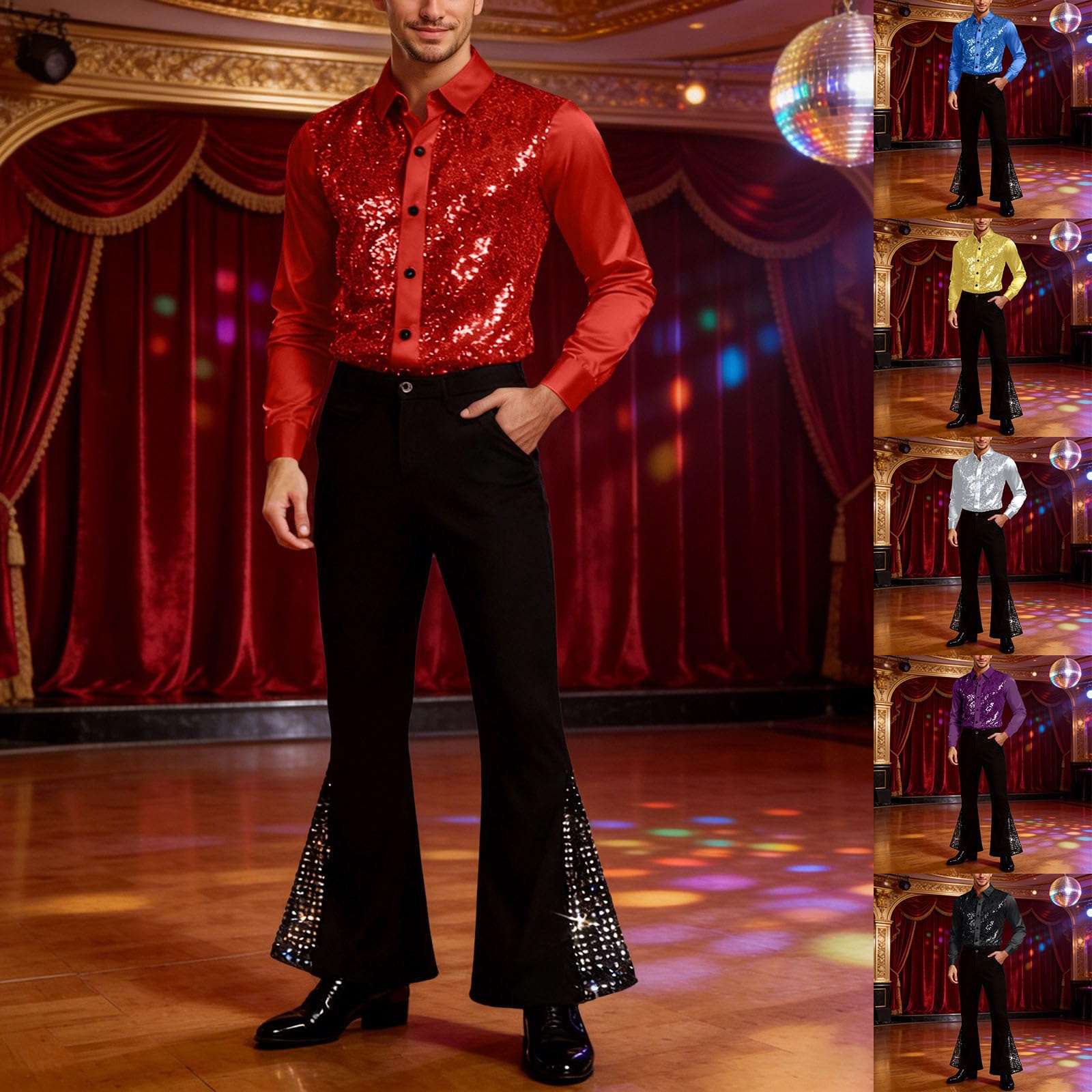 Traje de lentejuelas brillantes para hombre, camisa larga y pantalón elefante, chándal carnaval 60s Groovy baile latino