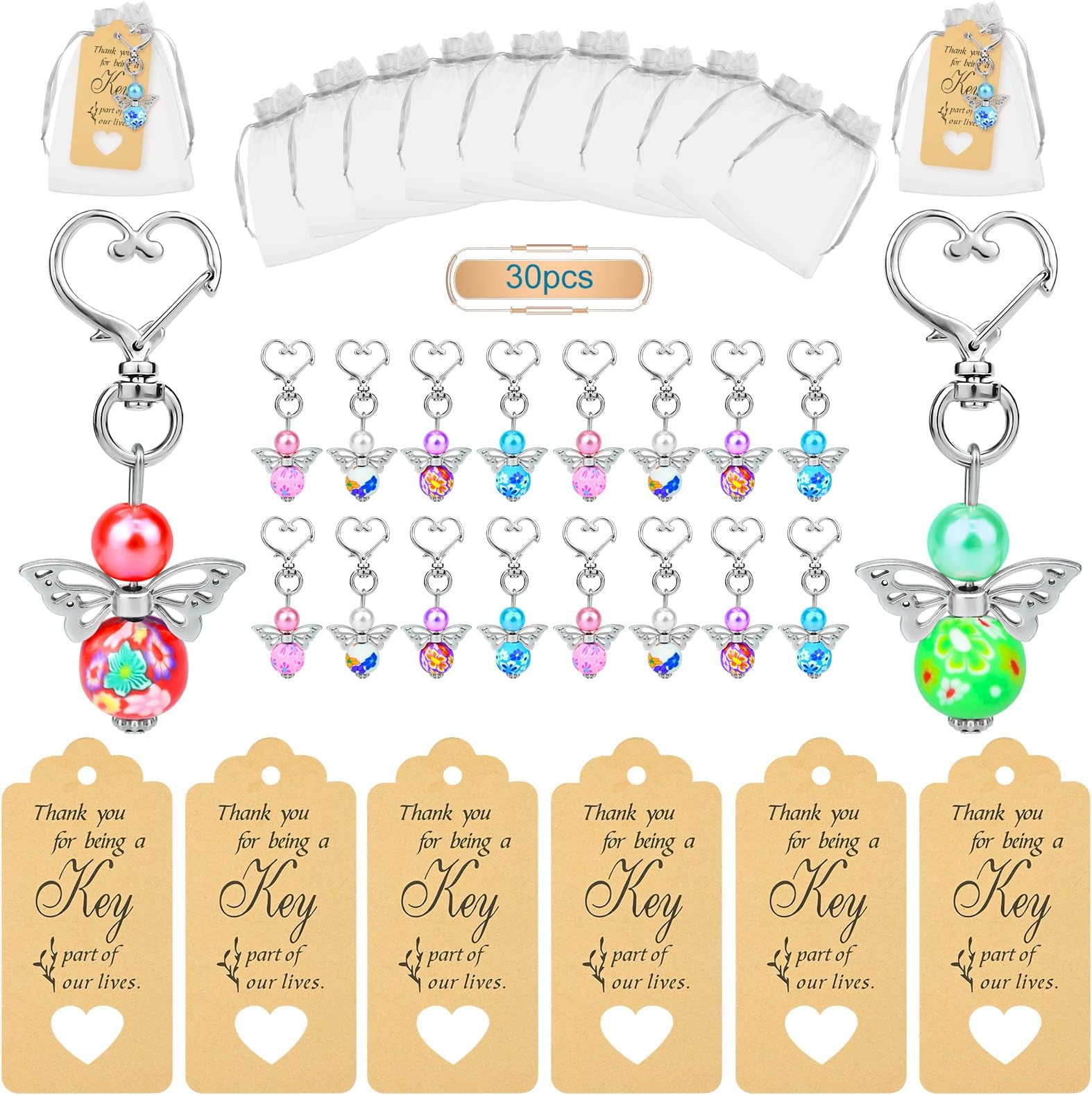 30 Sets Guardian Angel Keychain Colorful Pearl Angel Wing with Organza Bags Thank You Kraft Tags Angel Lucky Charm Keychains Thank You Gifts Party Souvenirs for Wedding Birthday Christmas Baby Shower