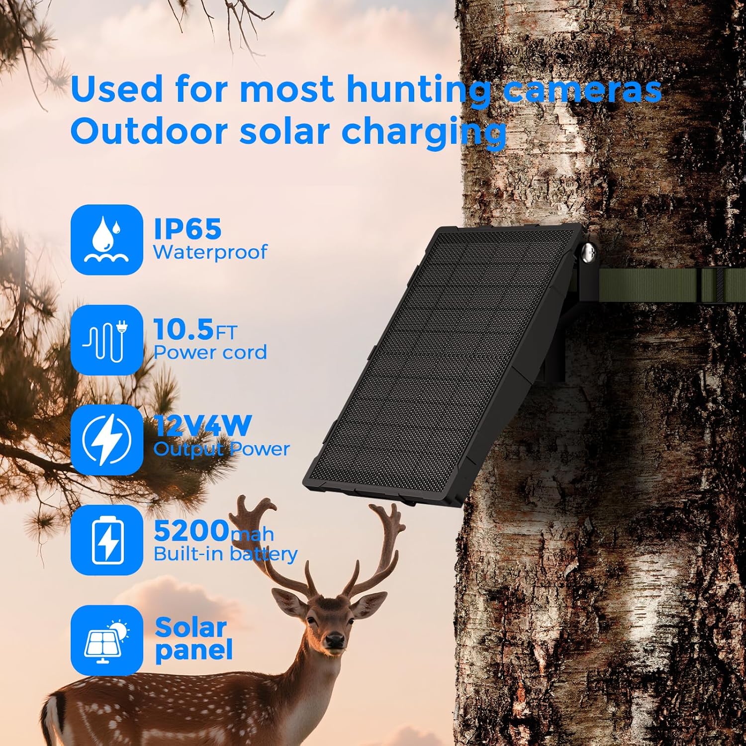 12V Trail Camera Solar Panel with 5200mAh Built-in Battery - Multi-Voltage Solar Charger for Cellular Game Cameras, Compatible with Tactacam, Spartan, Spypoint, Link, Bushnell, IP66 Waterproof
