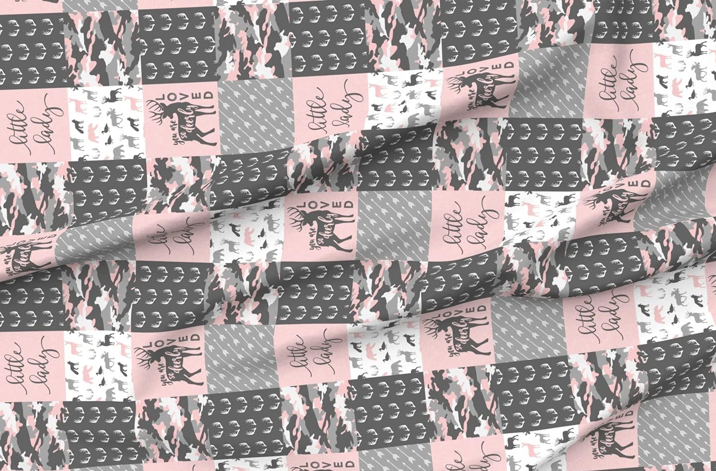 Spoonflower Fabric - You Loved Little Lady Pink Grey Camo Woodland Patchwork Girl Printed on Organic Cotton Sateen Fabric by The Yard - Sewing Quilting Apparel Home Decor