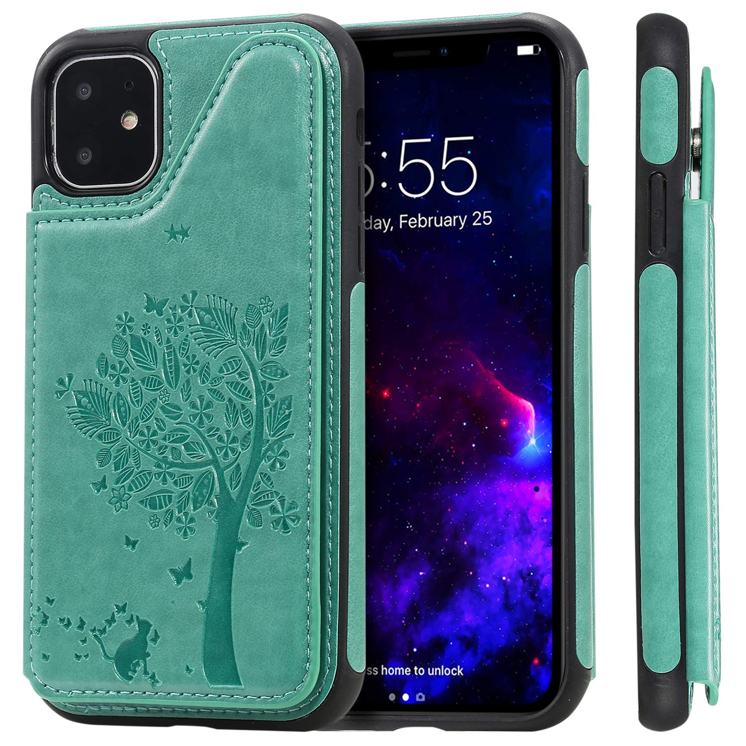 TACOOCase for iPhone 11 Apple 6.1, Leather Card Cash Slot Protective Cover Durable Shell Kickstand Soft Unisex Boy Girl ID Window Men Women Green