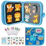 Qrytoi Erasable Doodle Set for Kids - Reusable Magic Drawing Book with 12 Watercolor Pens 14 Page Drawing, Road Trip Car Game Writing Painting Set for Boys and Girls (Zoo Blue)
