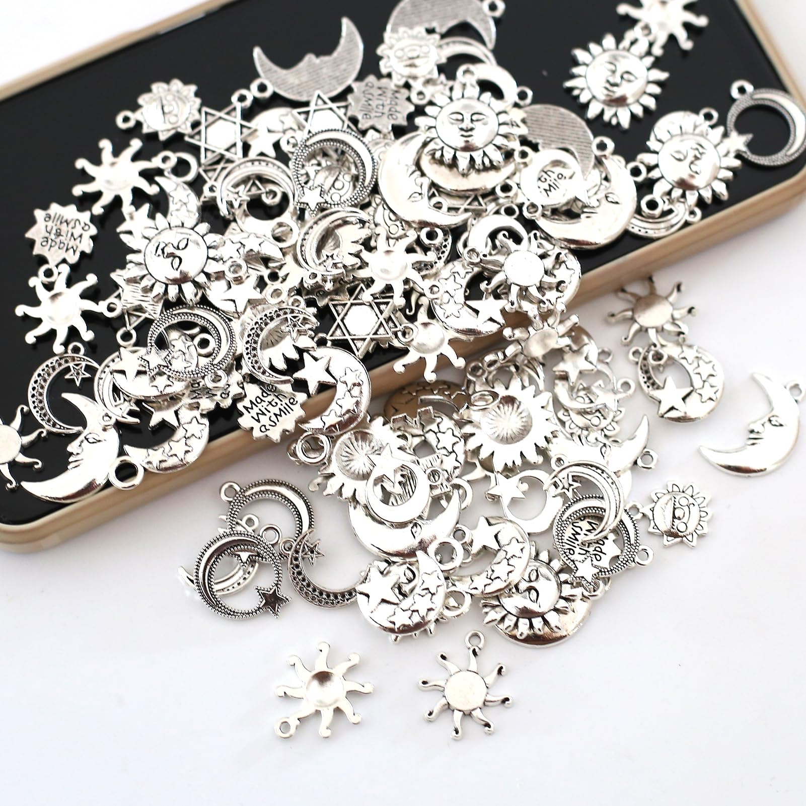 HERZWILD 120g Charms Pendants Mixed Antique Silver Sun Moon Stars Charms Pendants for Crafting Jewelry Making Accessory for DIY Necklace Bracelet(Sliver Charms) - Image 4