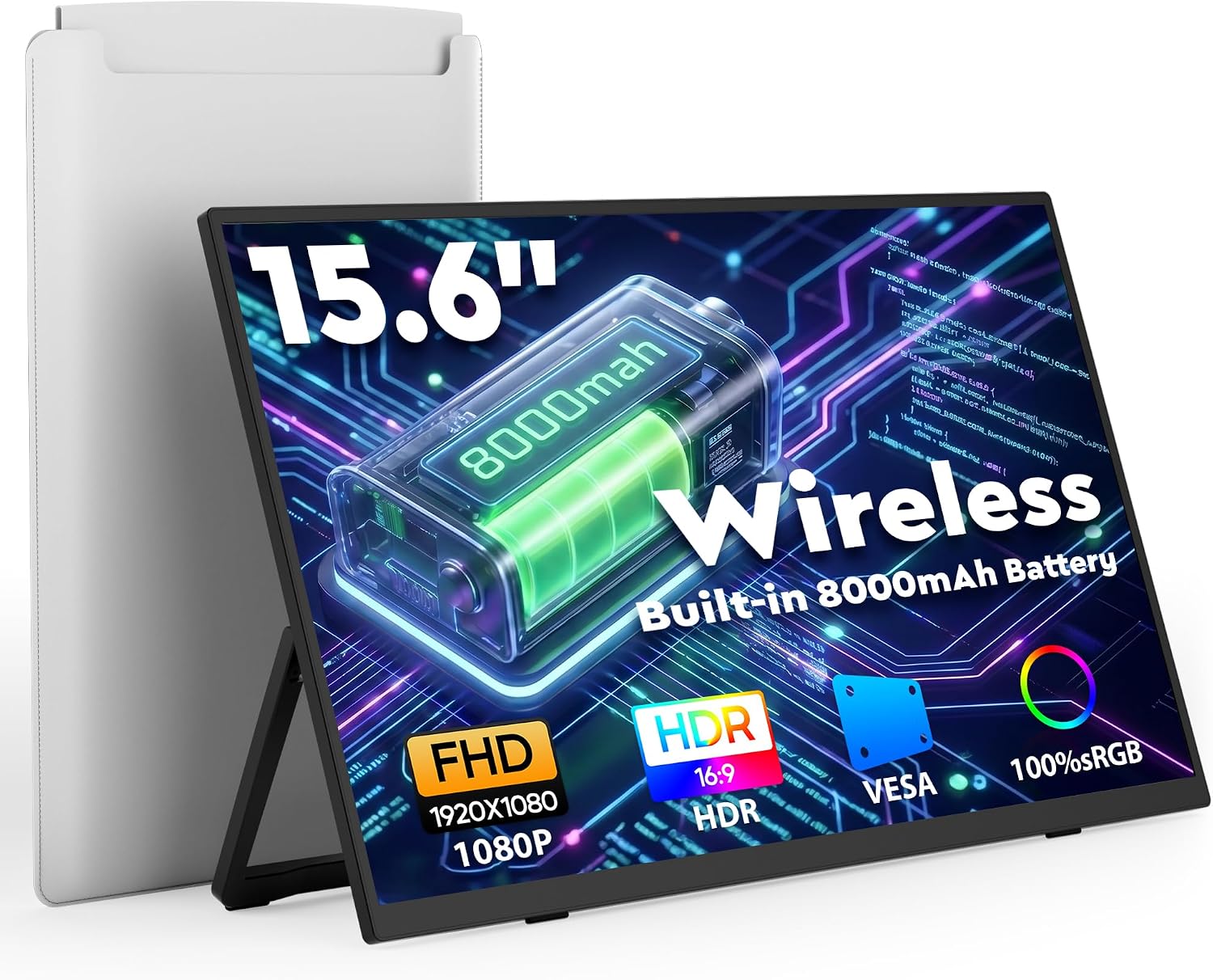 KEEPTIME Wireless Portable Monitor with Battery 8000mAh, 15.6" 1080P IPS Travel Monitor, Support AirPlay Miracast, with Stand/Bag, Second Screen for Laptop, PC, Phone