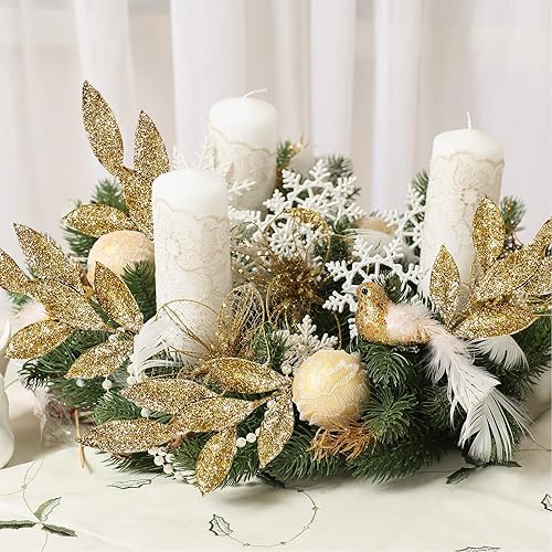 Miniatura 7 de 40 Pieces Gold Glittered Artificial Leaf Spray Picks 12" Tall for Christmas Winter Wedding Wreath Tree Swag Floral Arrangment Vase Bouquets Table