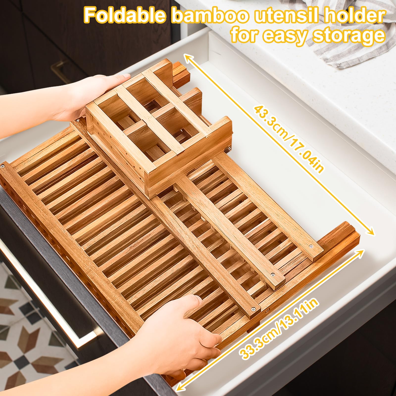 Scolapiatti a 2 ripiani in bambù con porta utensili, pieghevole, in legno, per bancone della cucina, 20 scomparti, ciotola e supporto per piatti, 26 x 42 x 24 cm