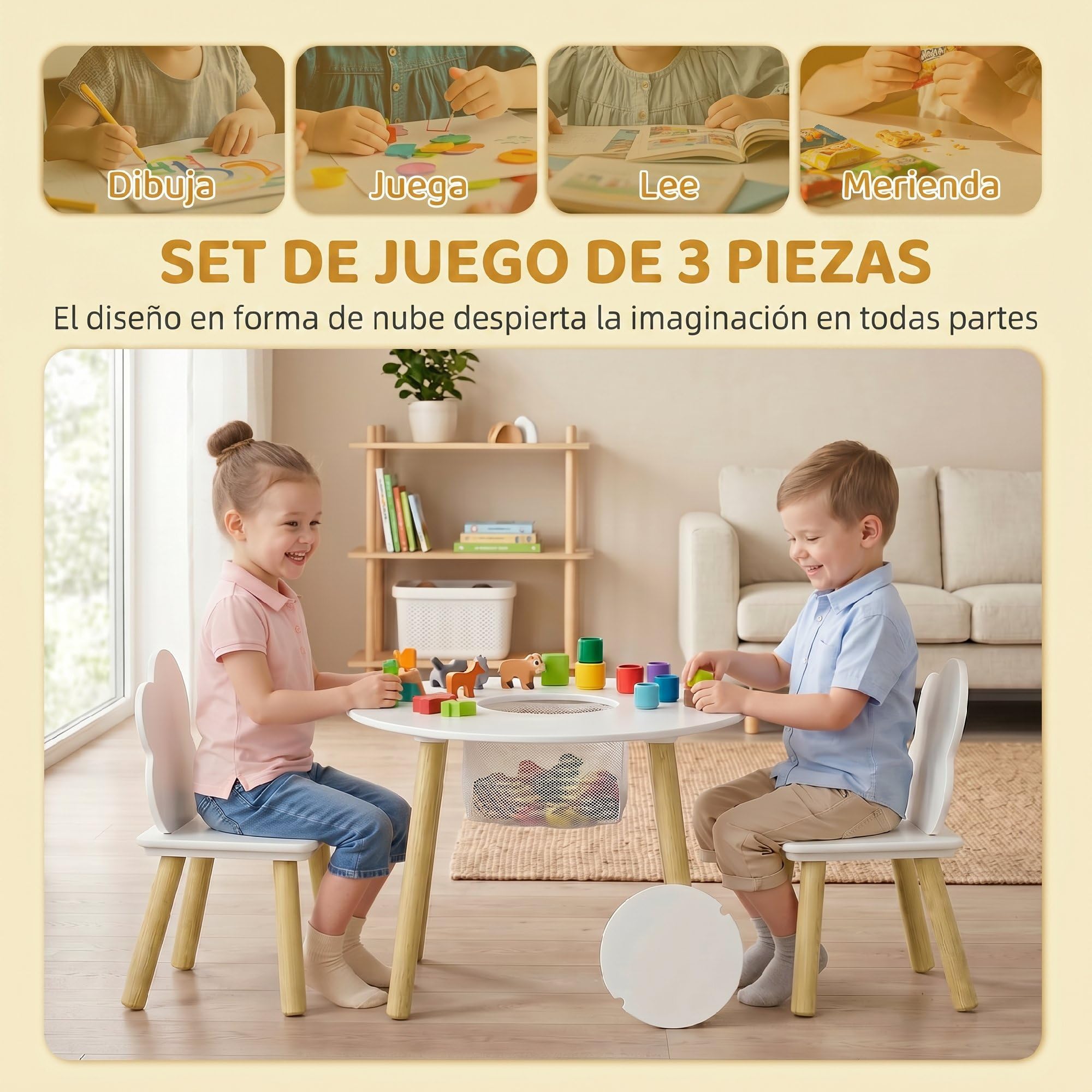 AIYAPLAY Mesa Infantil con 2 Sillas, Bolsa de Malla, Tema de Nube, Blanco | Mesa y Sillas Infantil, Niños y Niñas de 3-6 Años, Hogar, Guardería, Aulas