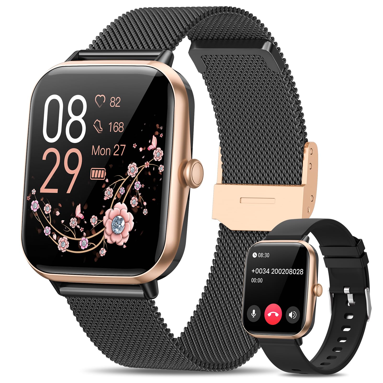 RUXINGX 2024 Smartwatch Damen, 1,83 Armbanduhr mit Telefonfunktion 3 Armband, Menstruationszyklus Herzfrequenz Schlafmonitor SpO2 IP68 Sportuhr Fitness Tracker Schrittzähler für iOS Android Rosarot