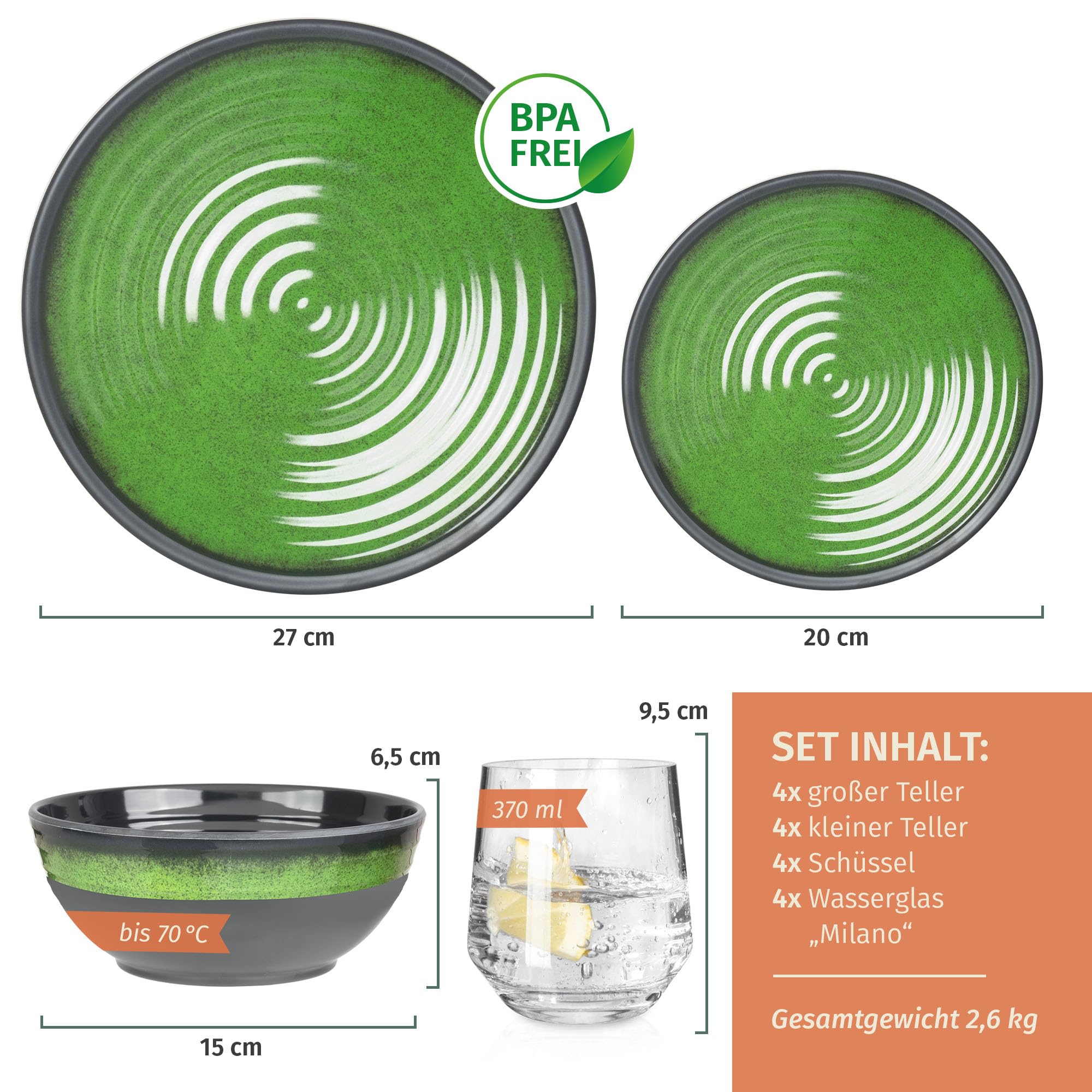 Vajilla de melamina para camping, 4 personas, color verde piedra + 4 vasos Milano vasos de agua, vajilla de pícnic, barbacoa
