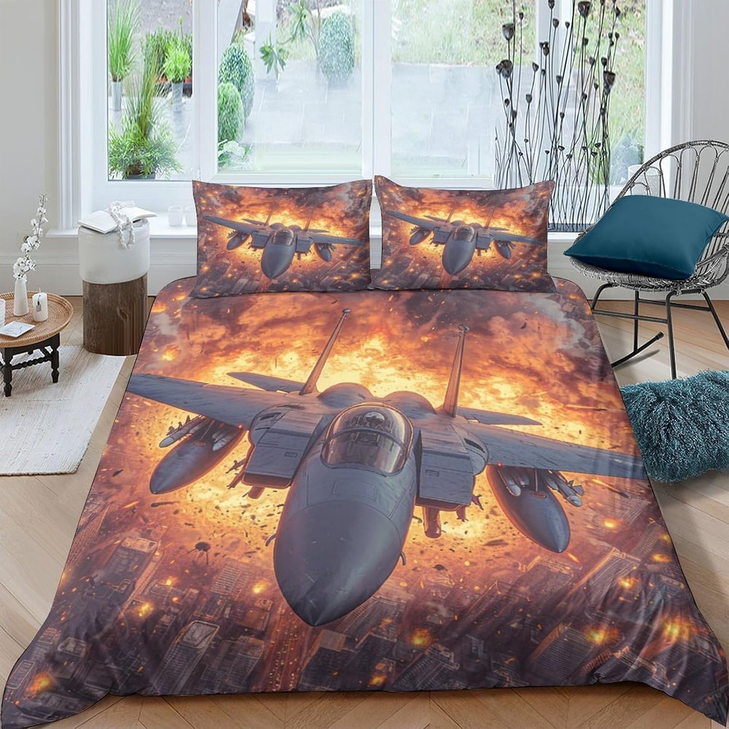 Housse de couette imprimée 3D avion de combat 155x220 cm en parure 3 pièces