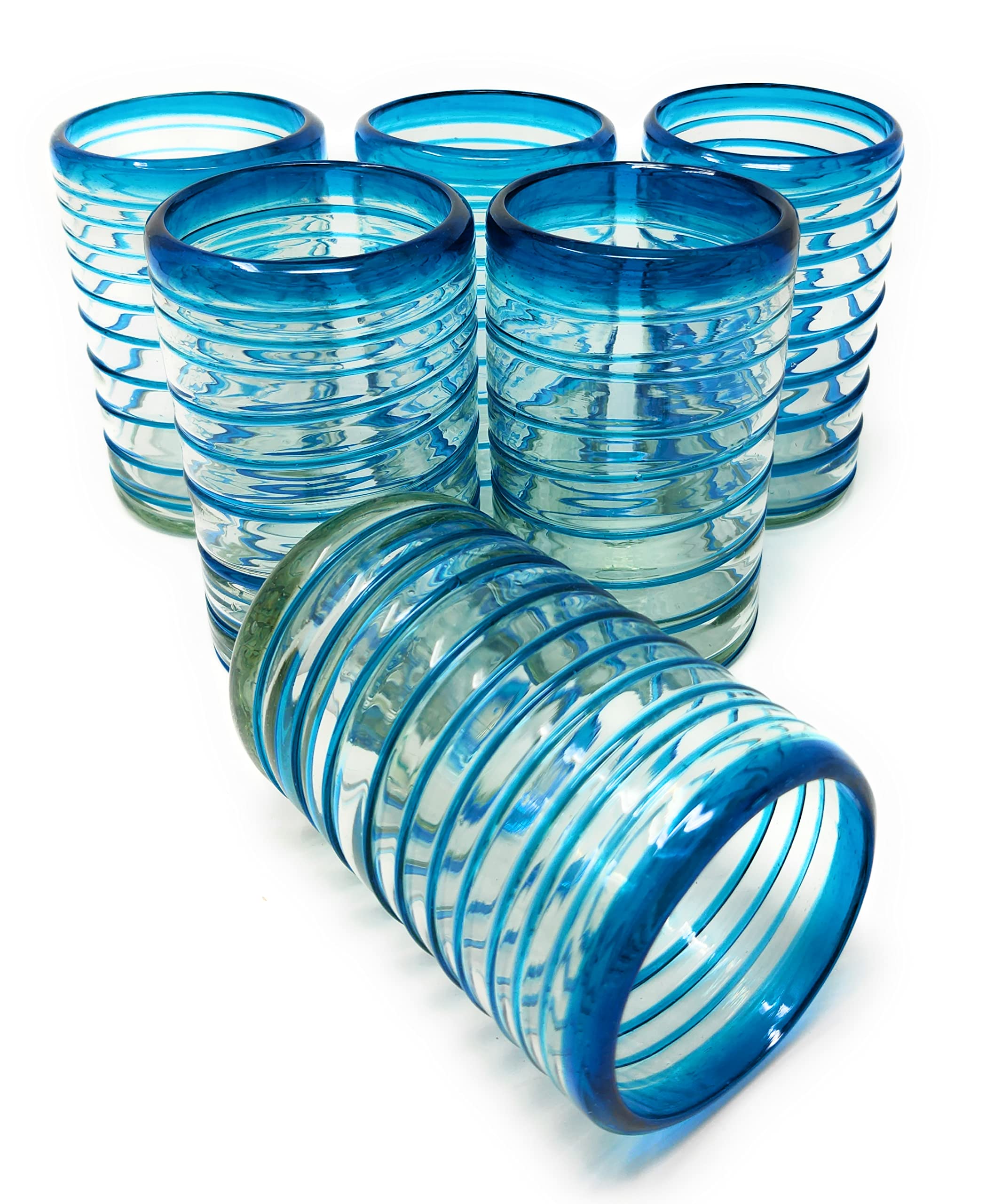 Dos Sueños Mundgeblasene mexikanische Trinkgläser – Set mit 6 Gläsern mit einem Aqua-Spiral-Design (je 400 ml)