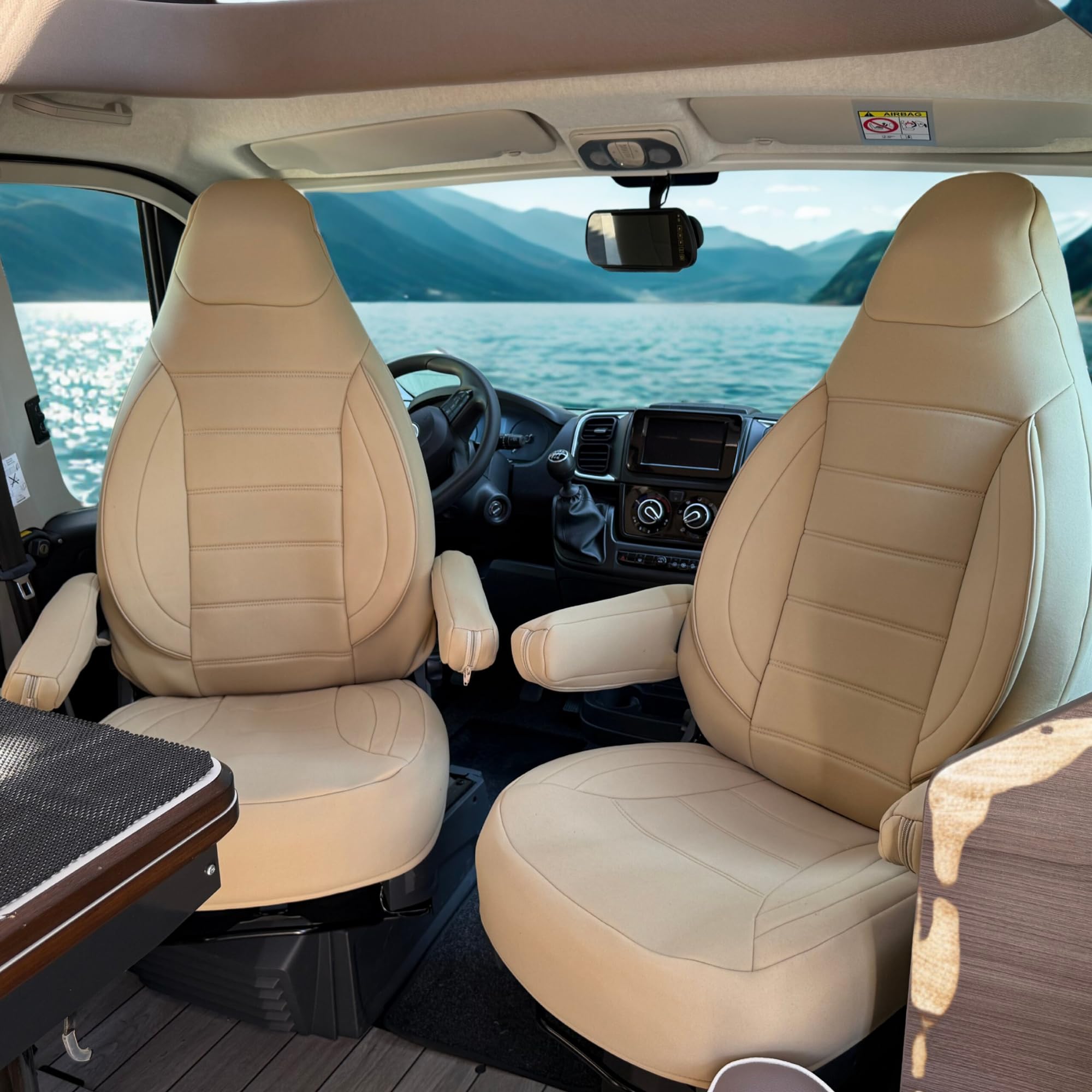 Lot de 2 housses de siège compatibles avec Fiat Ducato, camping-car, pour conducteur et passager, avec housses d'accoudoir, pour Pössl, Knaus, Adria, Carthago - Beige