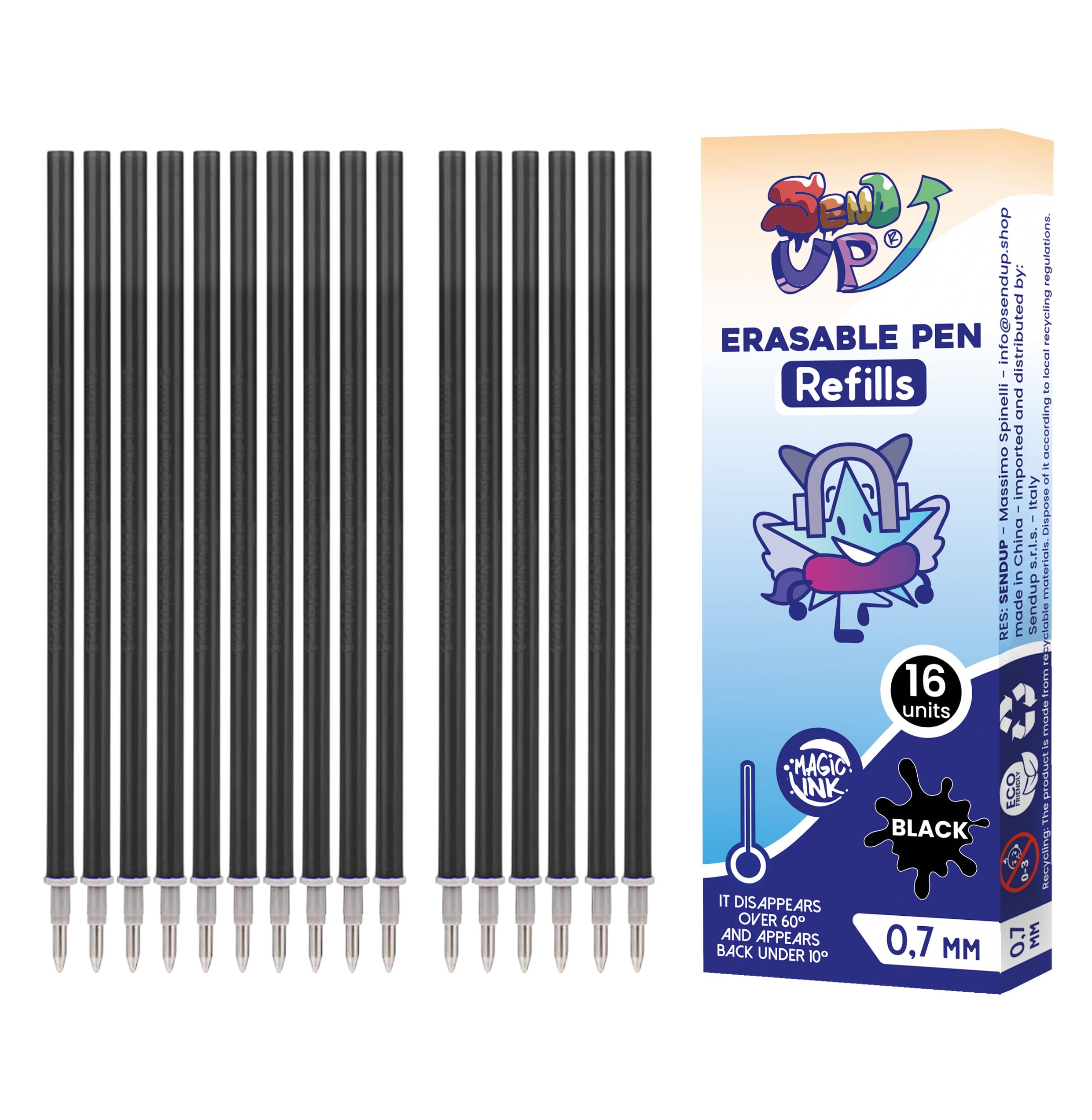 Send UP 16-Piece XXL Erasable Gel Pen Refills, 0.7mm Tip, Black Thermo-Sensitive Ink – Compatible with Legami Erasable Pens – 2cm Extra Ink for School & Office – Sustainable Gift