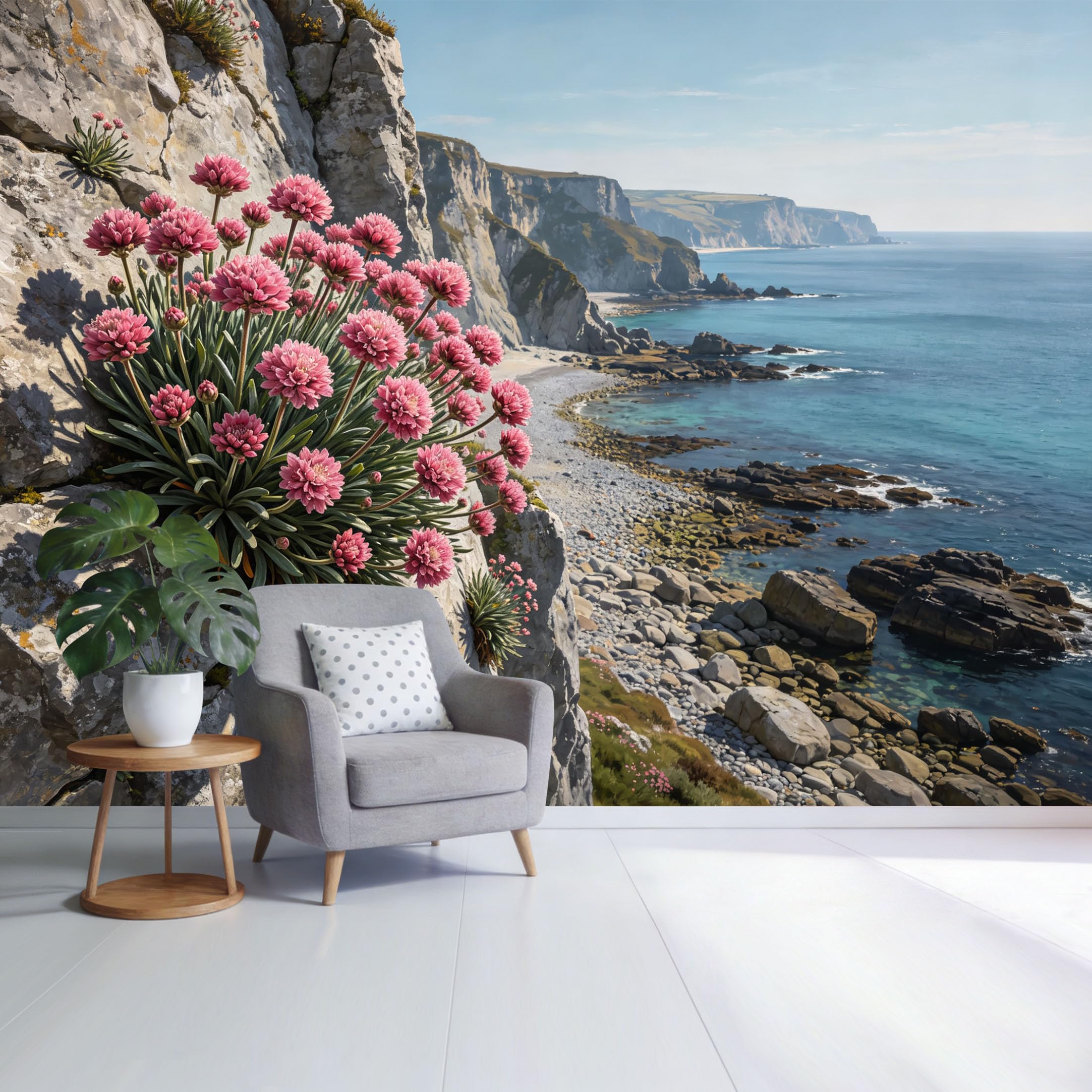 Custom Size Wall Mural Coastal Cliff Pink Sea Thrift Flowers Ocean Landscape SelfAdhesive Wall Fabric Removable Wallpaper for Home Office Decor