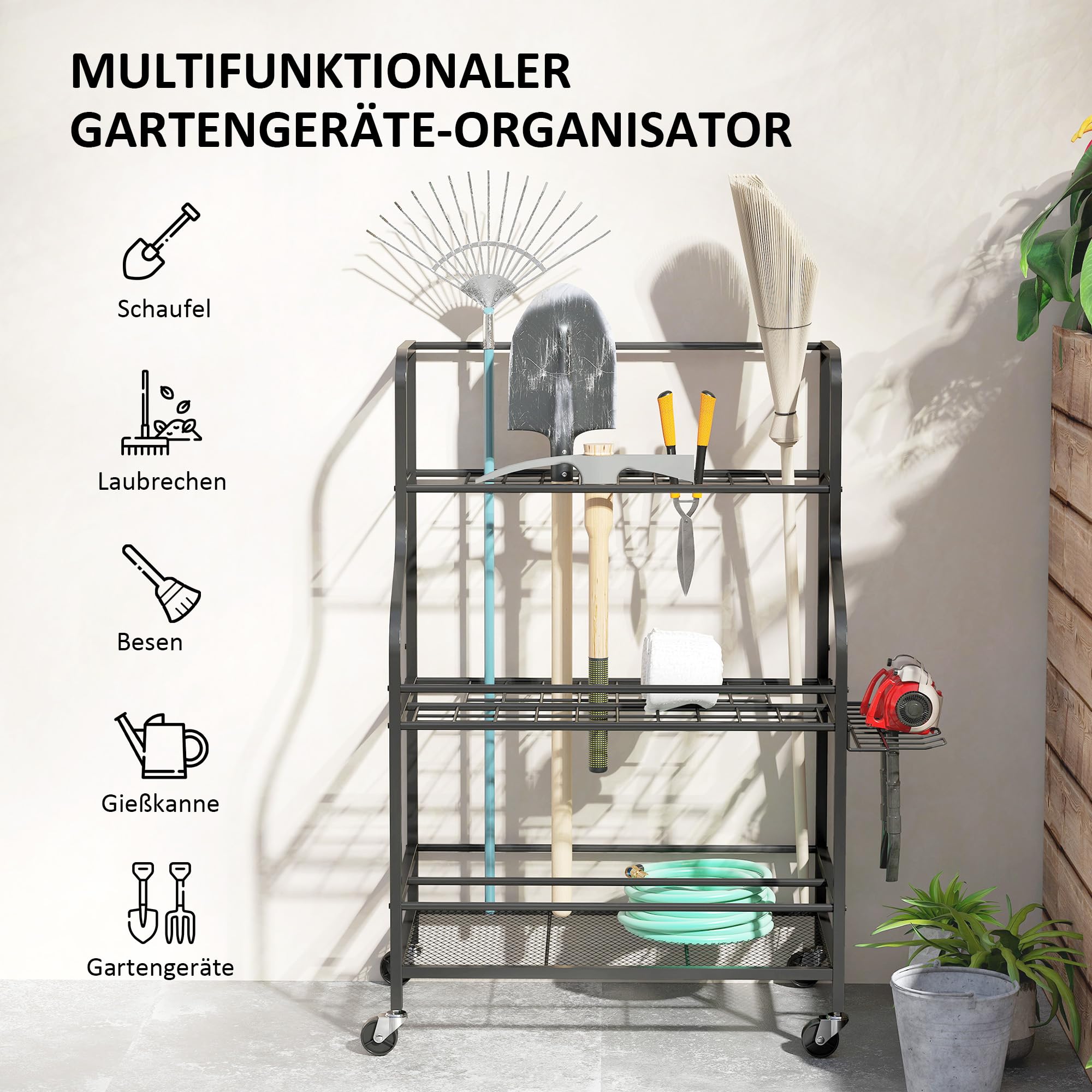 Outsunny Gartenwerkzeug-Organizer 3-stufig mit Haken 77x40x97cm Schwarz | Gartengeräte Ständer, Gartenwerkzeugständer, bis 40 kg belast, Gerätehalter, Mehrzweck Besenhalter, für Garage, Schuppen