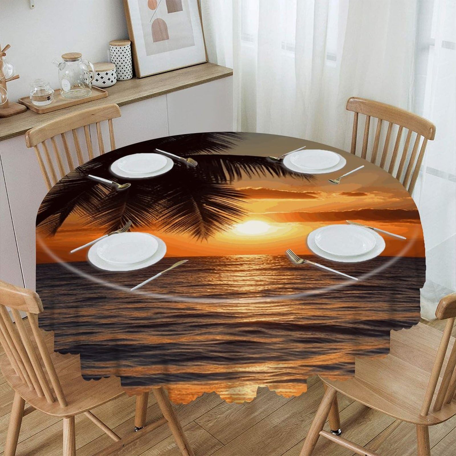 VstaDank Sunset Palm Tree Ocean Tablecloth Washable Rustic Lace TableCloths Individual Waterproof Round Table Cloth Reusable Decorative Table Covers for Dining Kitchen Party Outdoor