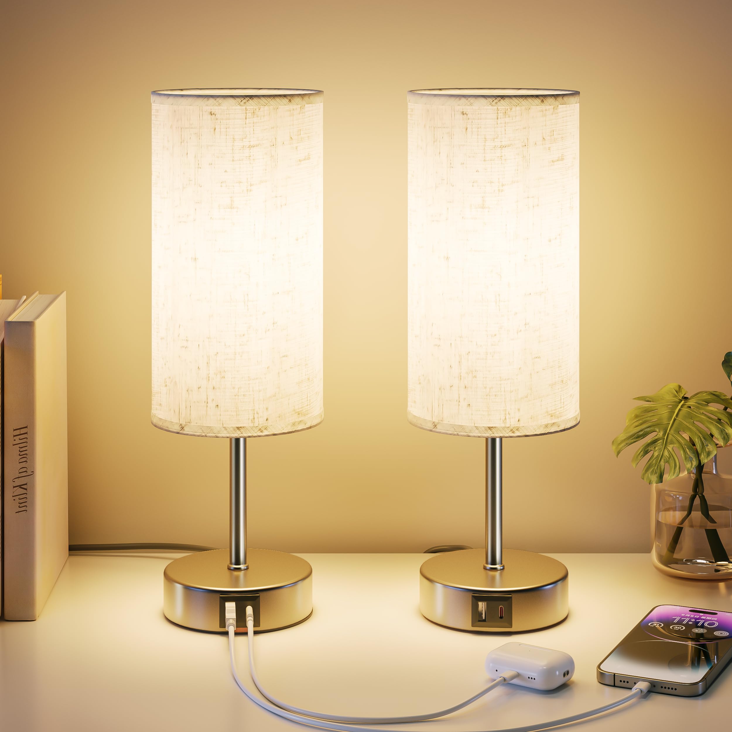 UPXNBOR Bedside Lamps Set of 2, Table Lamp for Bedroom/Living Room/Study Room/Office with USB A+C Ports, Reading Light, Desk Lamp, 1.5m Cable, Linen Fabric Shade, Silver Metal Base (E27 Bulb Incl.)