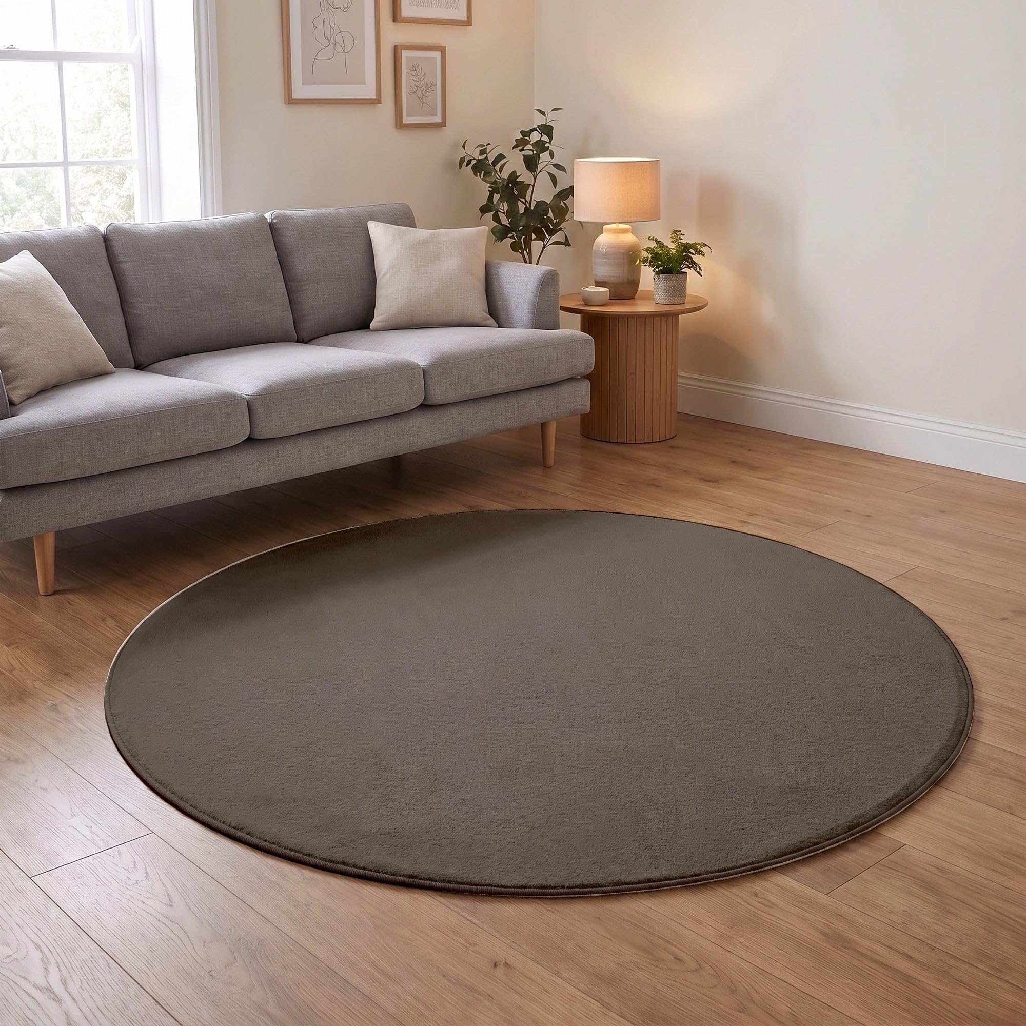 THE RUGS Washmellow Round Rug Living Room - Washable Non-Slip 120 cm, Light Brown 9 mm Soft Low Pile Bedroom Kitchen