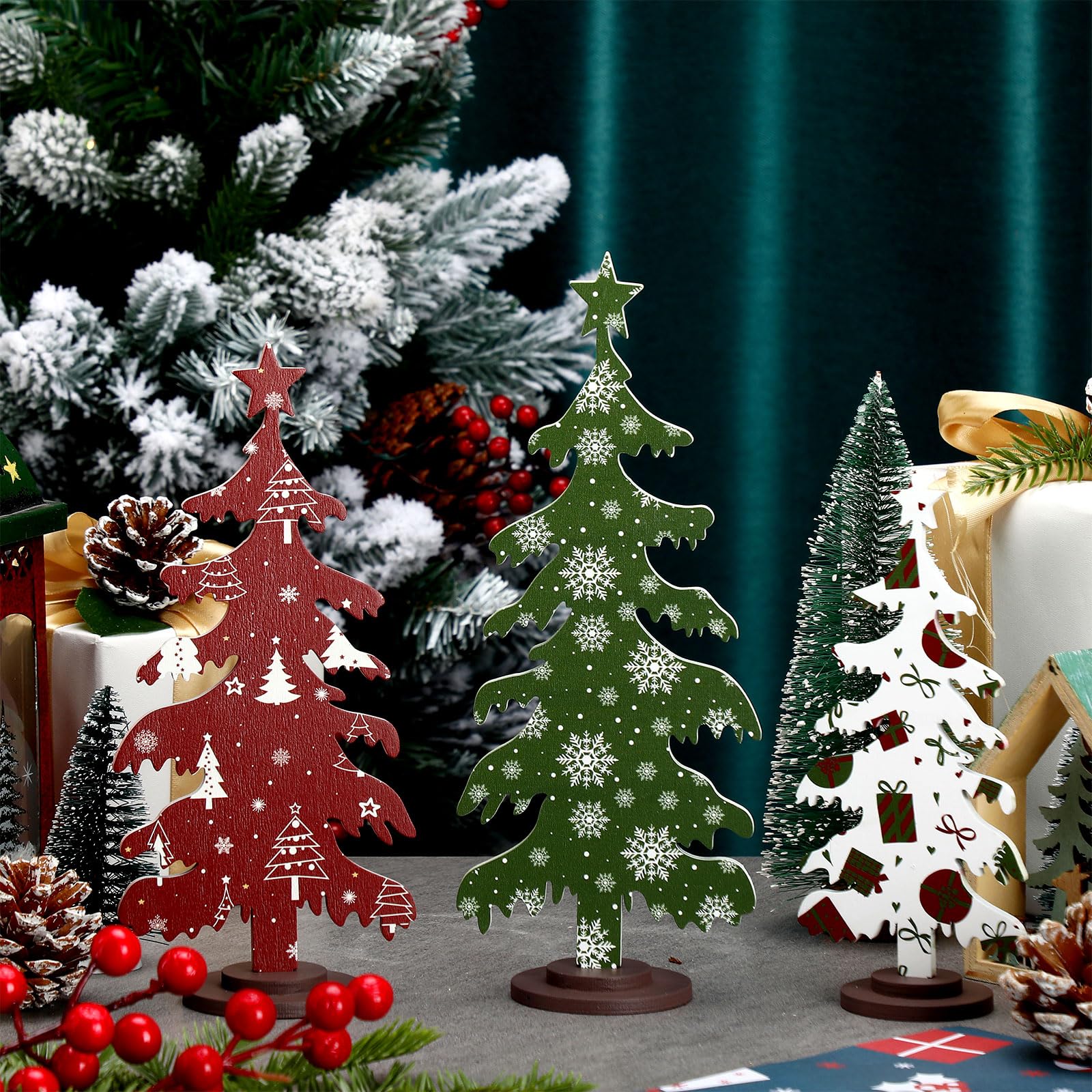 Huwena 3 Pcs Wooden Christmas Tree Snowflakes Table Decor
