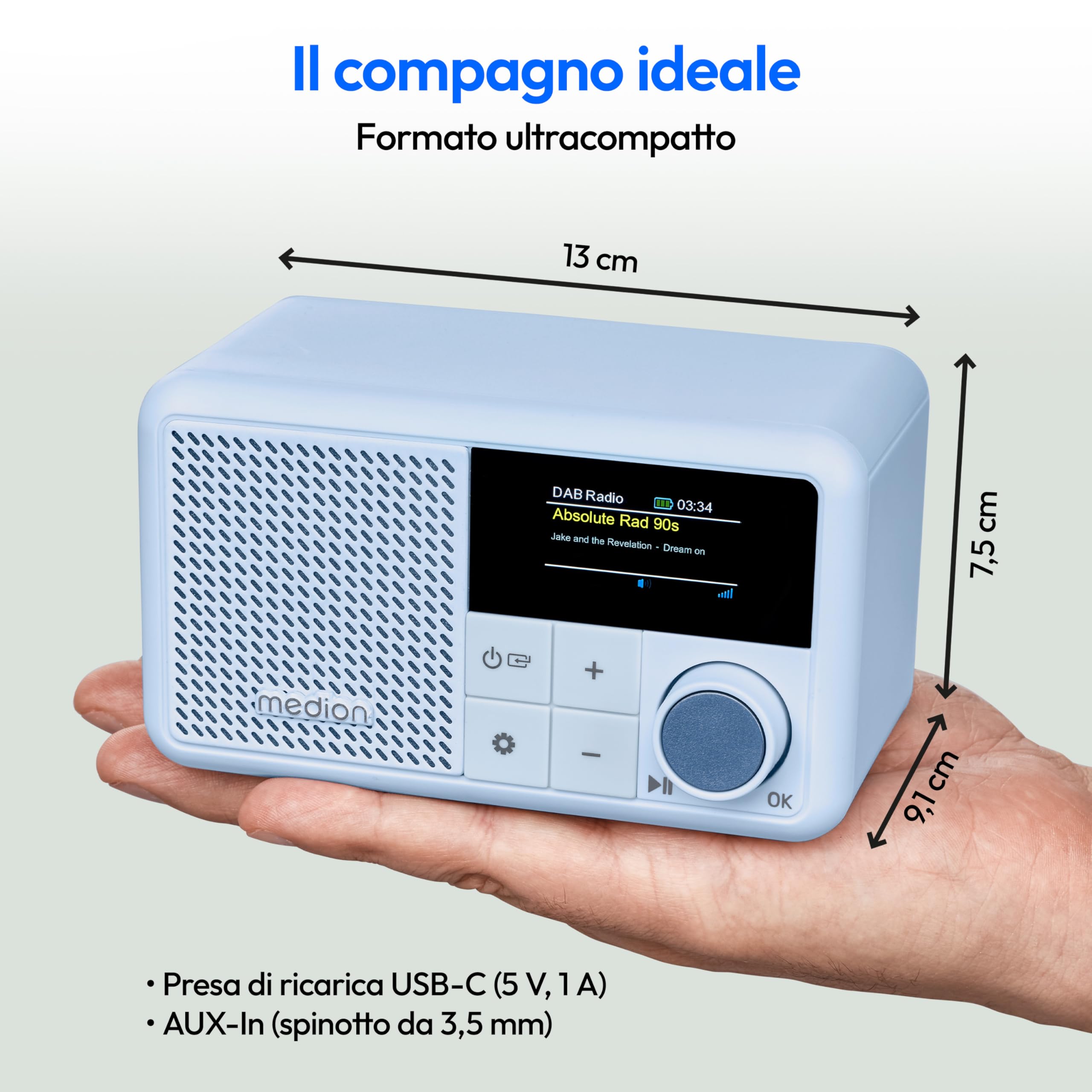 MEDION S66822 Mini radio DAB+ portatile con Bluetooth (batteria ricaricabile, display a colori oscurabile, antenna telescopica, sleep timer, sveglia, snooze, AUX, USB-C) blu