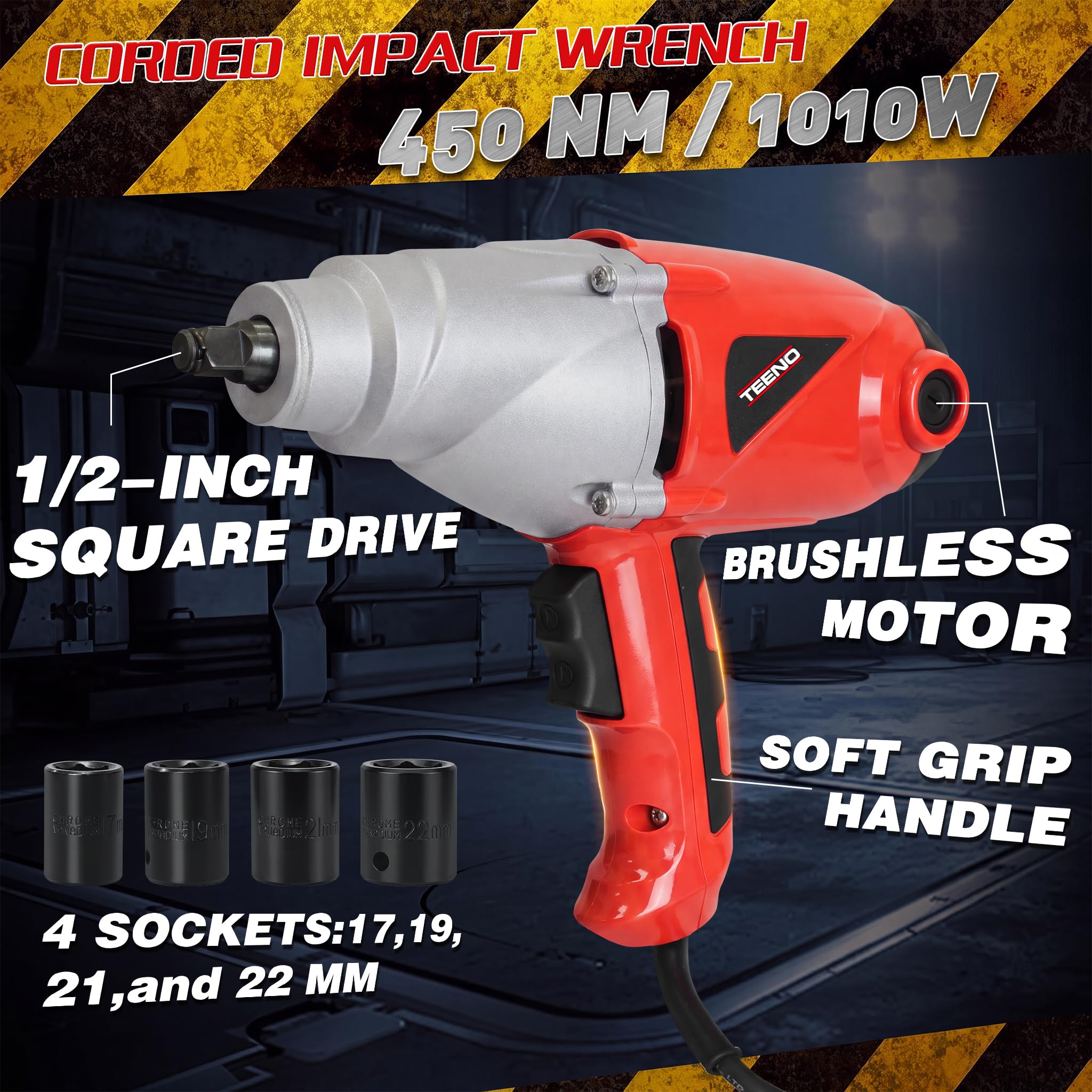 TEENO Schlagschrauber mit Kabel 1/2", 450 Nm, 1010 W, zum Anziehen & Lösen von Schrauben, im Koffer mit 4 Steckschlüsseln (17, 19, 21 und 22 mm), Kabellänge 2M, Rot