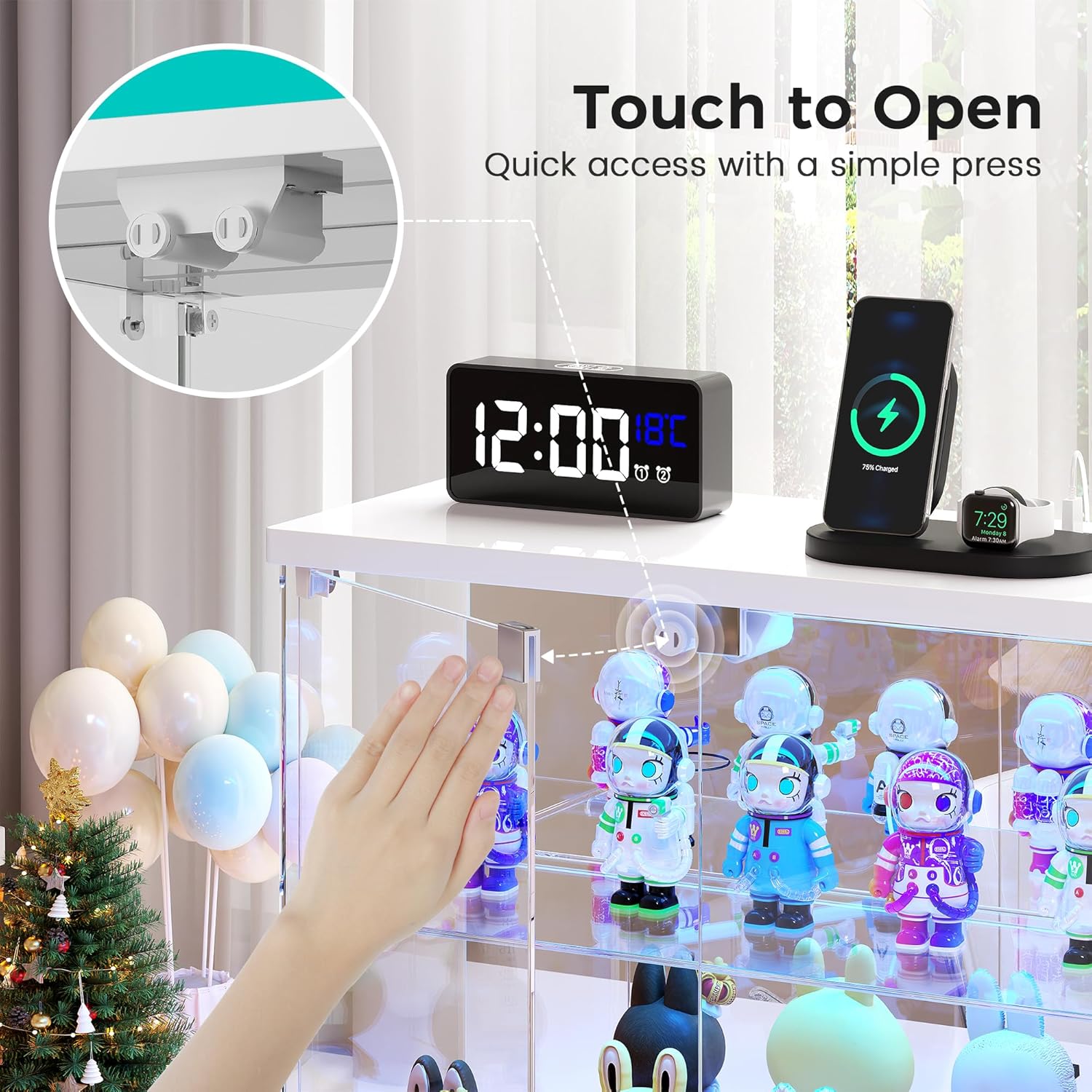 Dystler Lighted Clear Glass Display Case - for Figures & Collectibles, Small 2-Tier Display Cabinet with Charging Station, LED Display Box with Lights & Human Sensor, for Model Car, Perfume, White