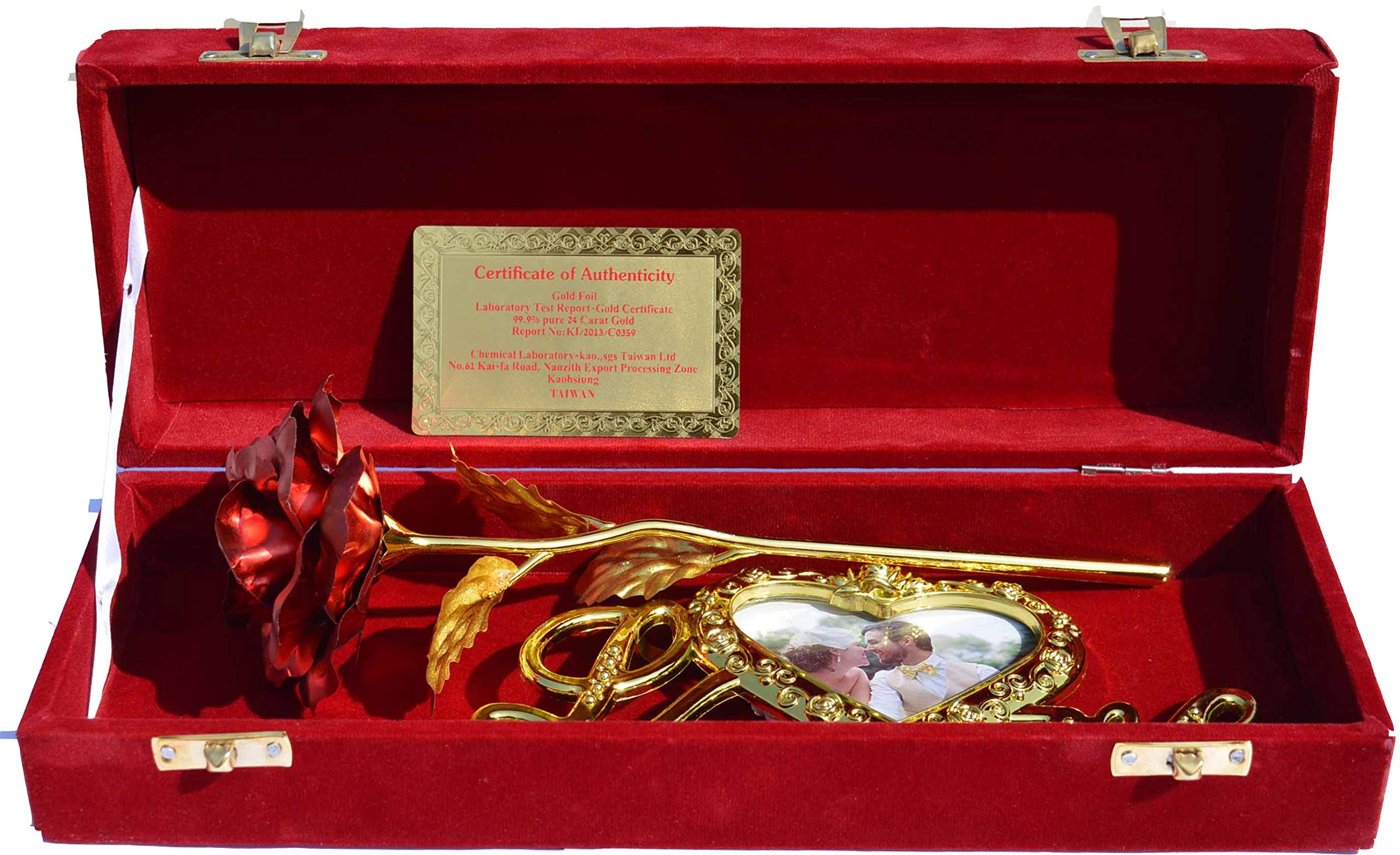 Lavanaya Silver - Gold Foiled Red Rose Flower with Heart Shape Photo Frame Love Flower Stand with Velvet Box (30X10X8 CM, RED)