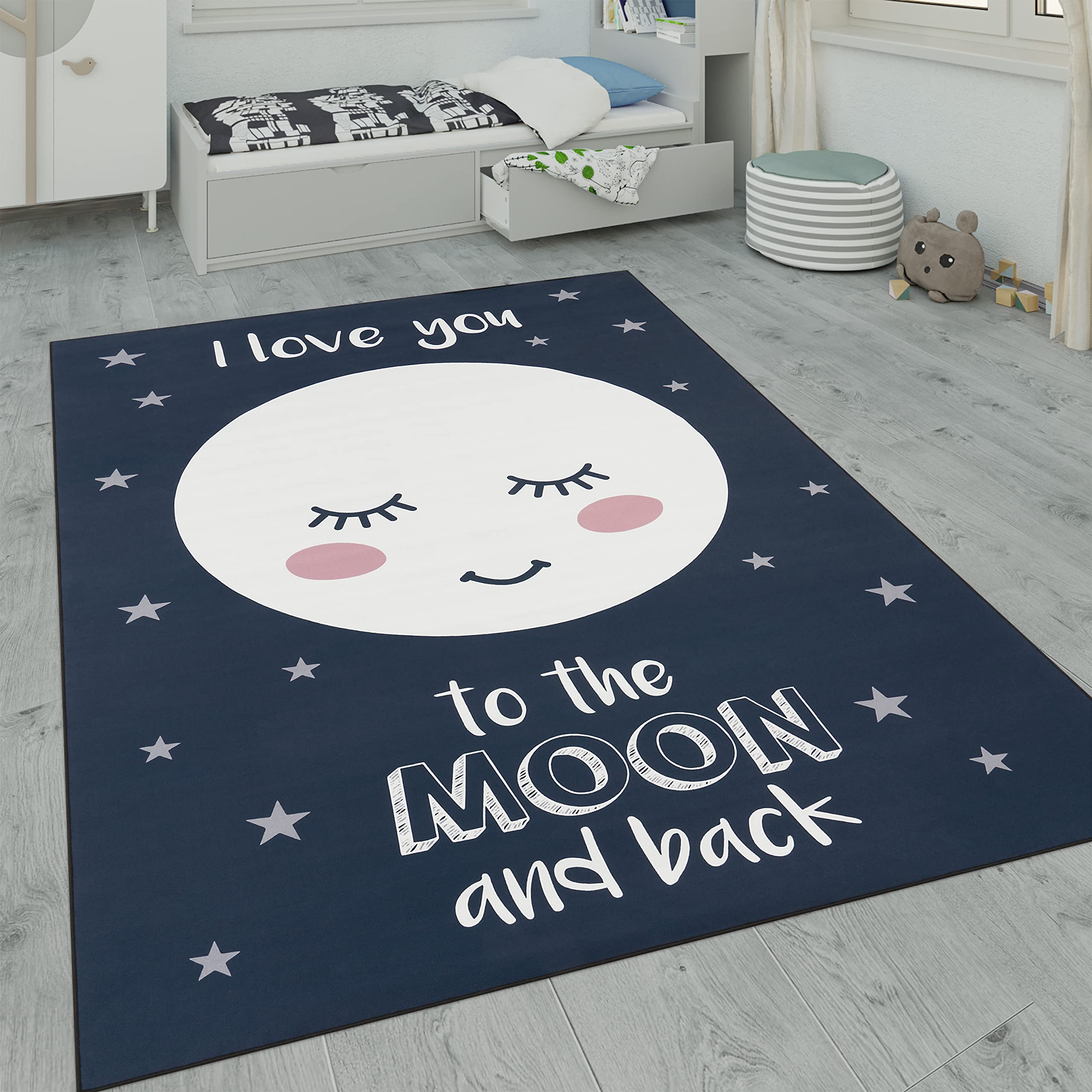 Paco Home Kinderteppich, Kinderzimmer Teppich m. Stern, Mond u. Karo Motiven, Grösse:140x200 cm, Farbe:Blau