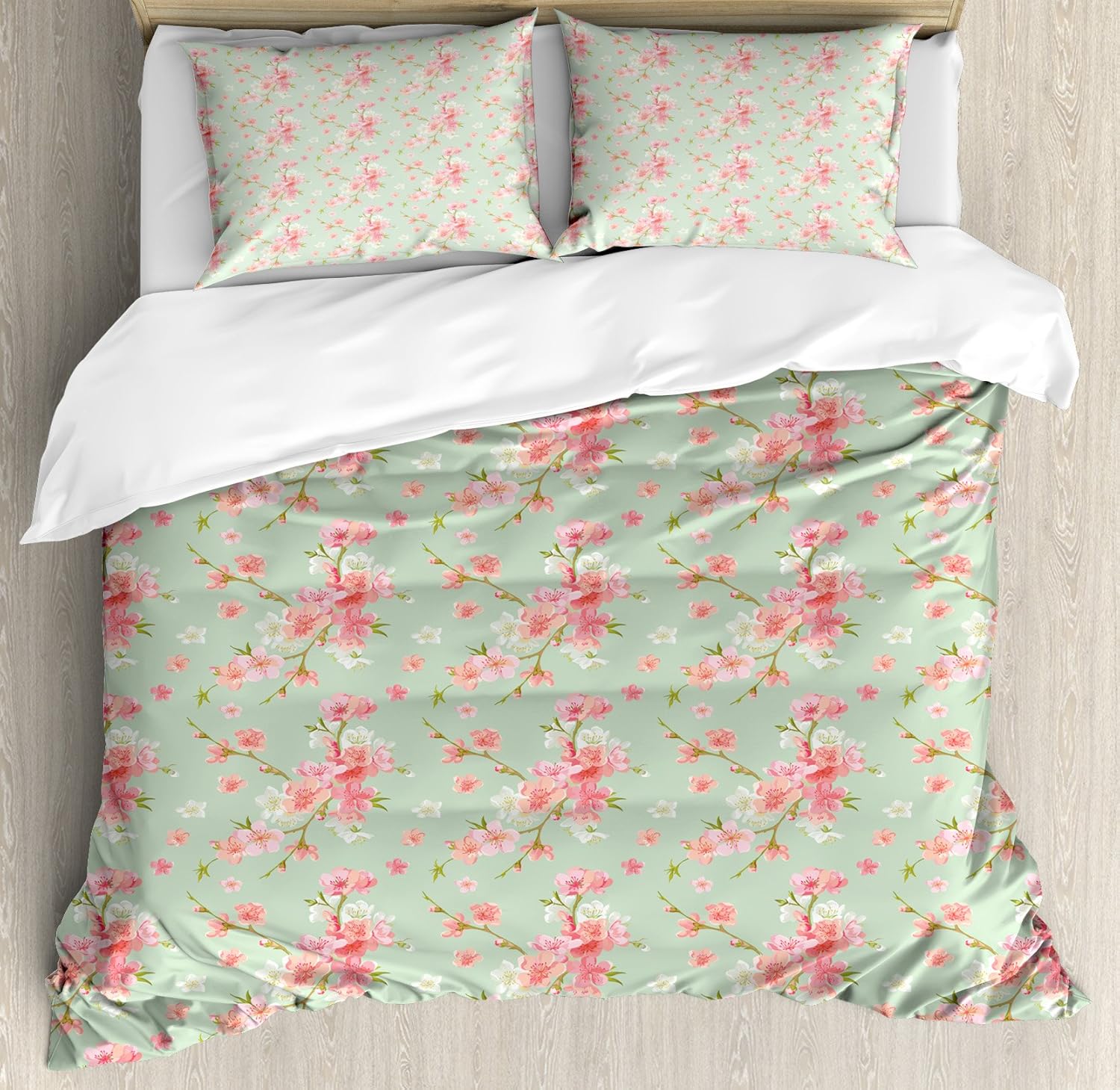 Ambesonne Shabby Flora Duvet Cover Set, Retro Spring Blossom Flowers with French Garden Florets Garland Artisan Image, Decorative 3 Piece Bedding Set with 2 Pillow Shams, Queen Size, Mint Pink