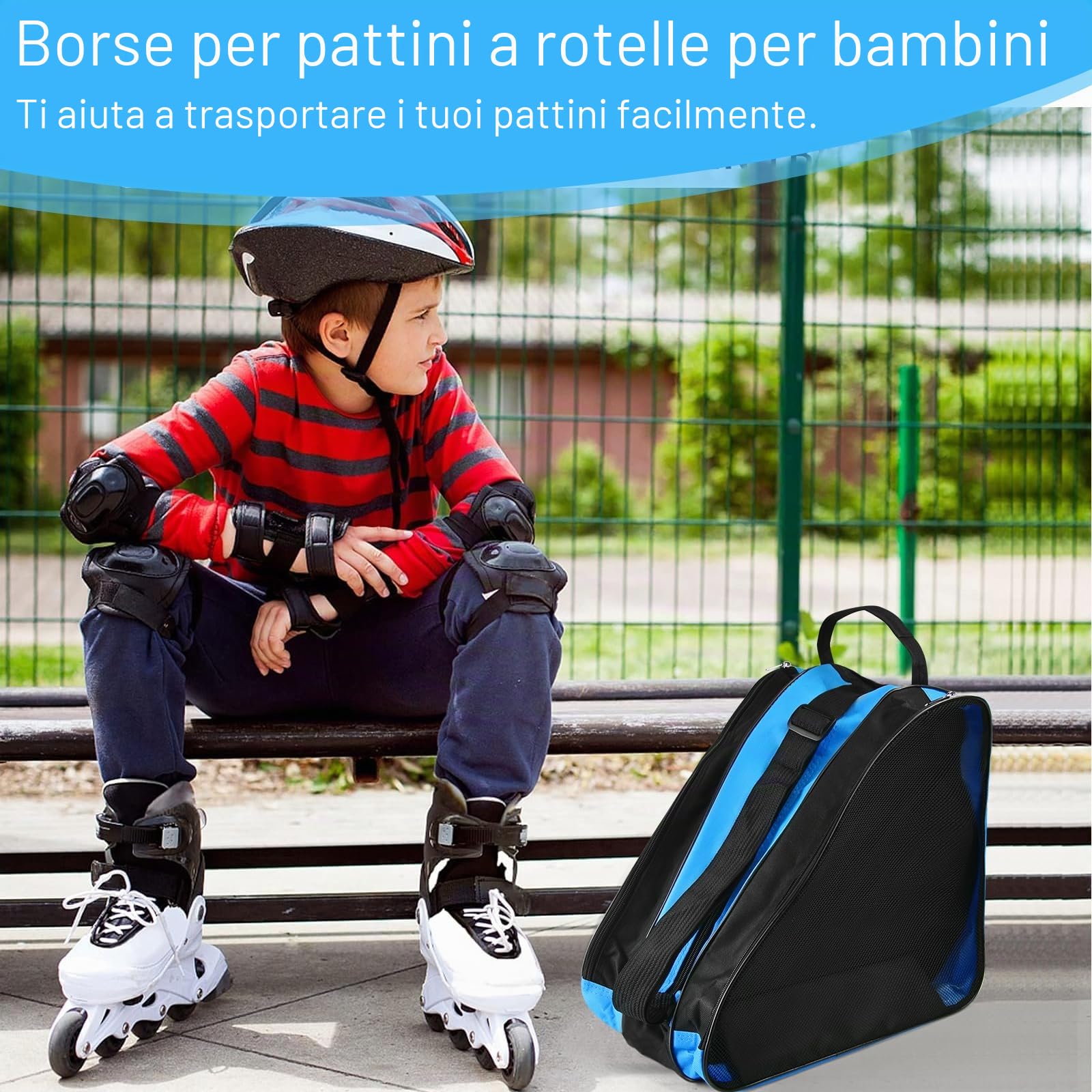 Borsa Pattini Borsa per Pattini a Rotelle Traspirante a Triangolo Borsa per Pattini in Linea in Tessuto Oxford Borsa Porta Pattini Ghiaccio Borsa Portapattini con Tracolla Regolabile, Blu