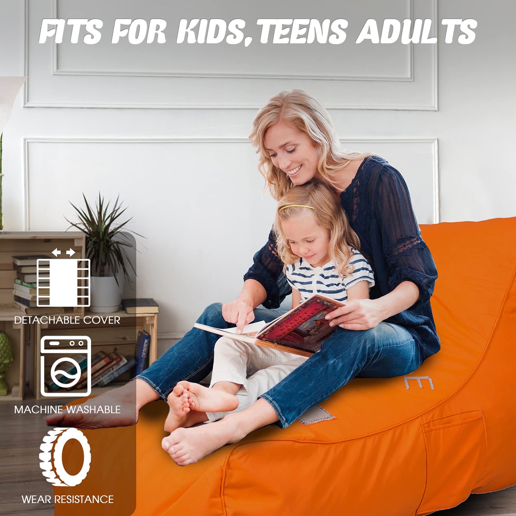 Livebest Kids Bean Bag Chair - Floor Chair Couch Lazy Lounger Memory Foam Sofa with Dirt-Proof Oxford Fabric&Side Pocket for Kids Age 2 and Up,MOM I'm FINE, Orange