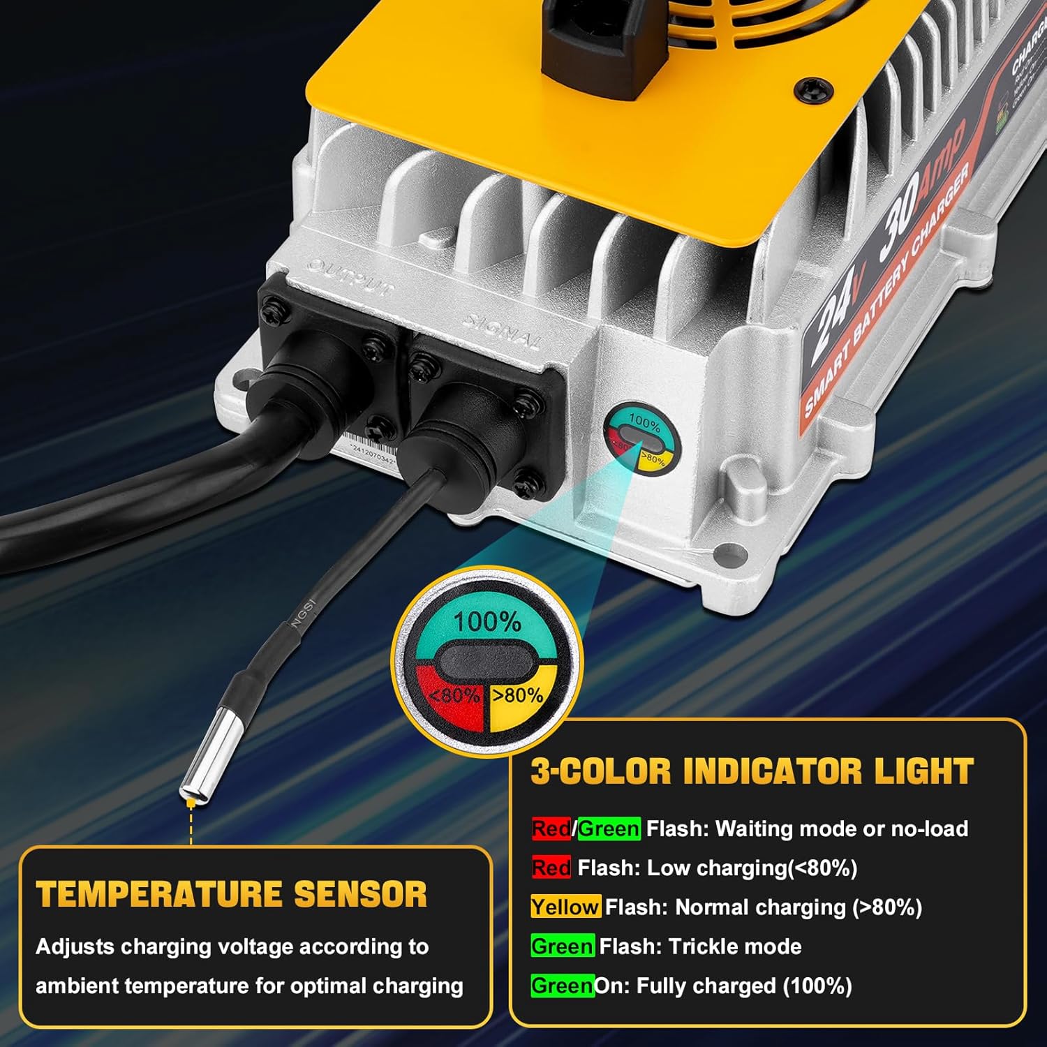 24V 30A Forklift Battery Charger with LED Light Smart Golf Charger with Anderson Plug & Lead Acid Battery Charger for Floor Scrubber, Pallet Jack