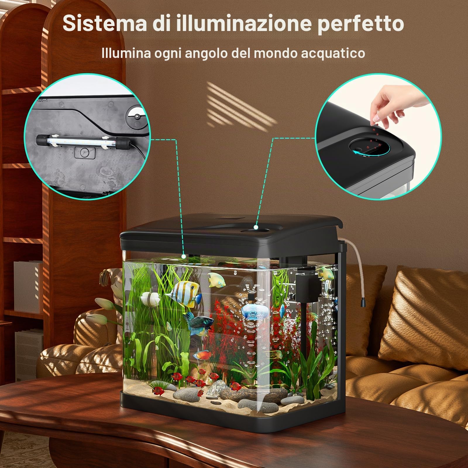 Acquario Piccolo in Vetro, Ambesty 6L Completo Acquarios Per Pesci Rossi, Fish Tank Tartarughe D'acqua con Illuminazione a LED e Sistema di Filtraggio, Nero, Principianti Mini Acquario Completo
