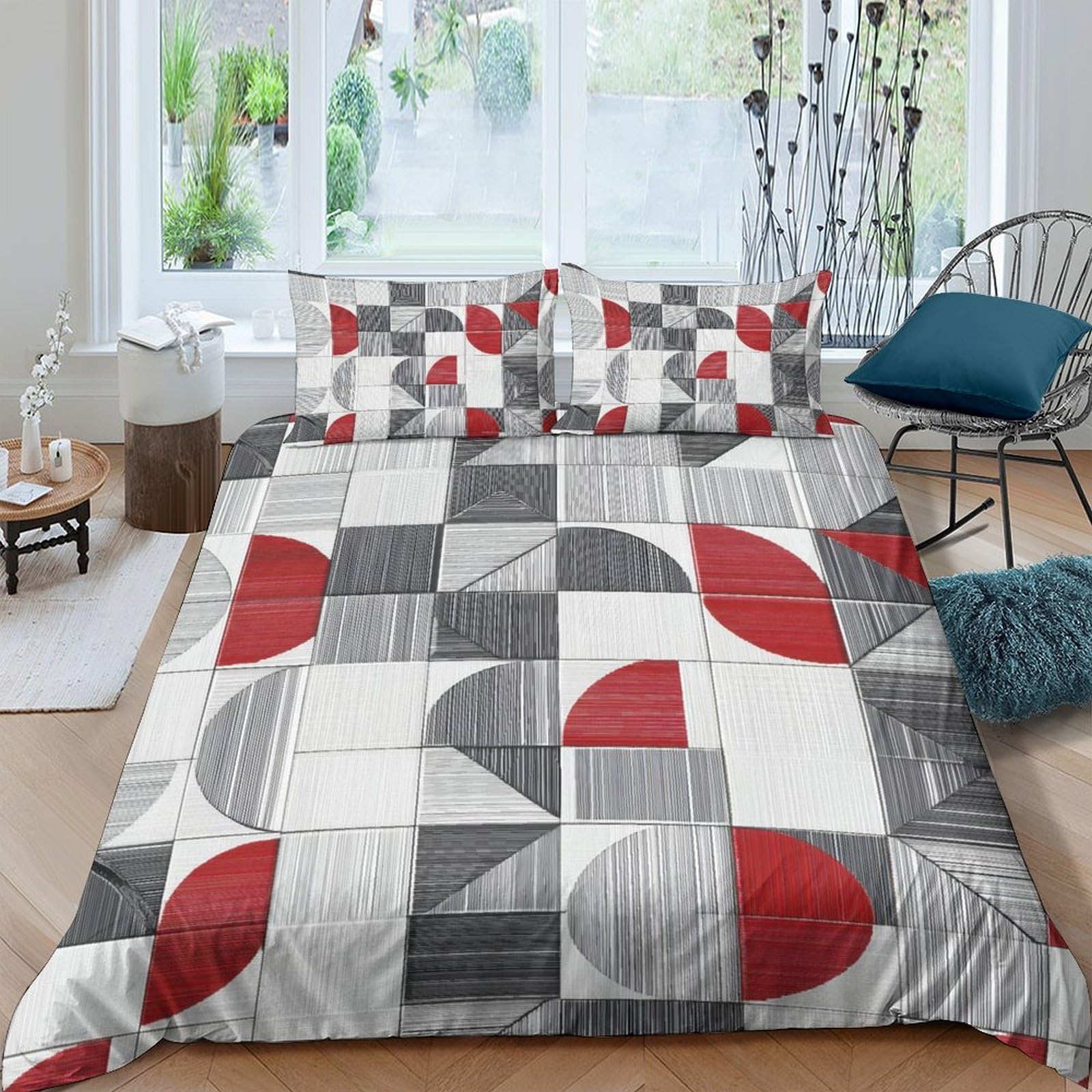 Ctjqhvkz Style-4 3D Printed Geometric Patchwork Fitted Sheet Microfiber Red Grey Abstract Bed Cover Bedroom Decor Dustproof Easy Care Single（135X200cm）