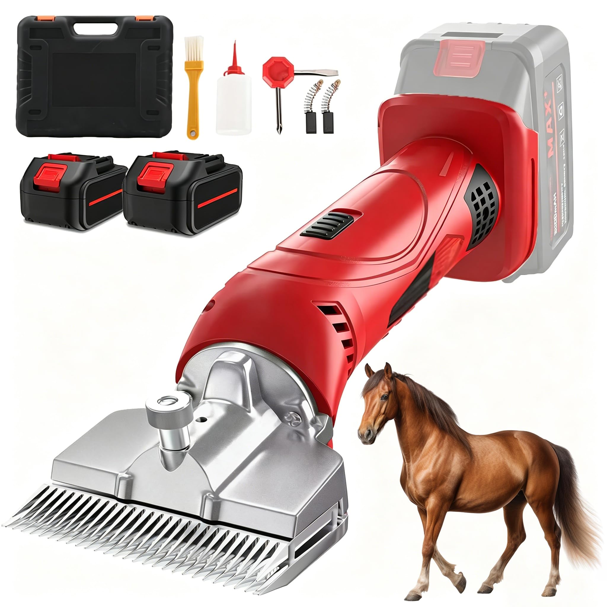 Tosatrice per cavalli a batteria, cesoie per carichi pesanti da 500 W con batterie agli ioni di litio 2x3000 mAh, trimmer per animali a 6 velocità per cavalli, pecore e bovini red
