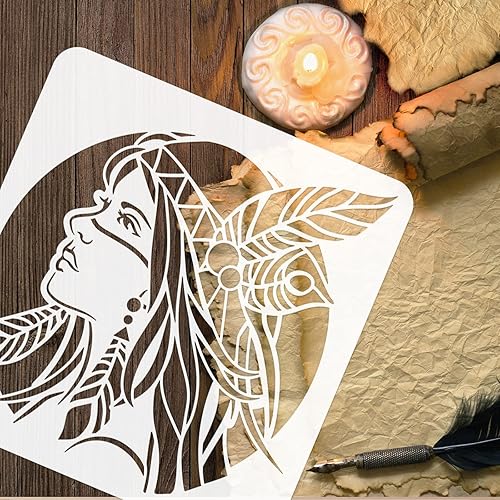 Miniatura 3 de FINGERINSPIRE Plantillas de pintura para mujeres nativas americanas de 11.8 x 11.8 pulgadas, plantillas de plástico para dibujo tribal, manualidades
