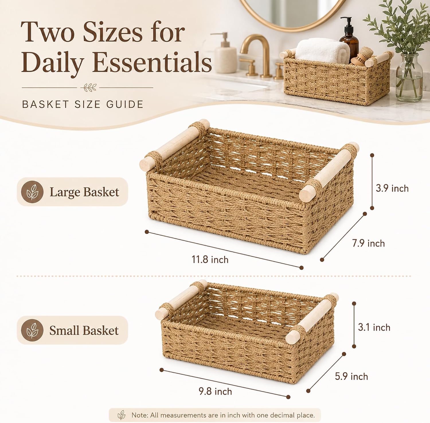 Neutral Toilet Paper Storage Basket with Handles - Woven Bathroom Organizer, Farmhouse Boho Tissue Roll Holder for Powder Room, Living Room & Bedroom Decor(Mediun&Large)